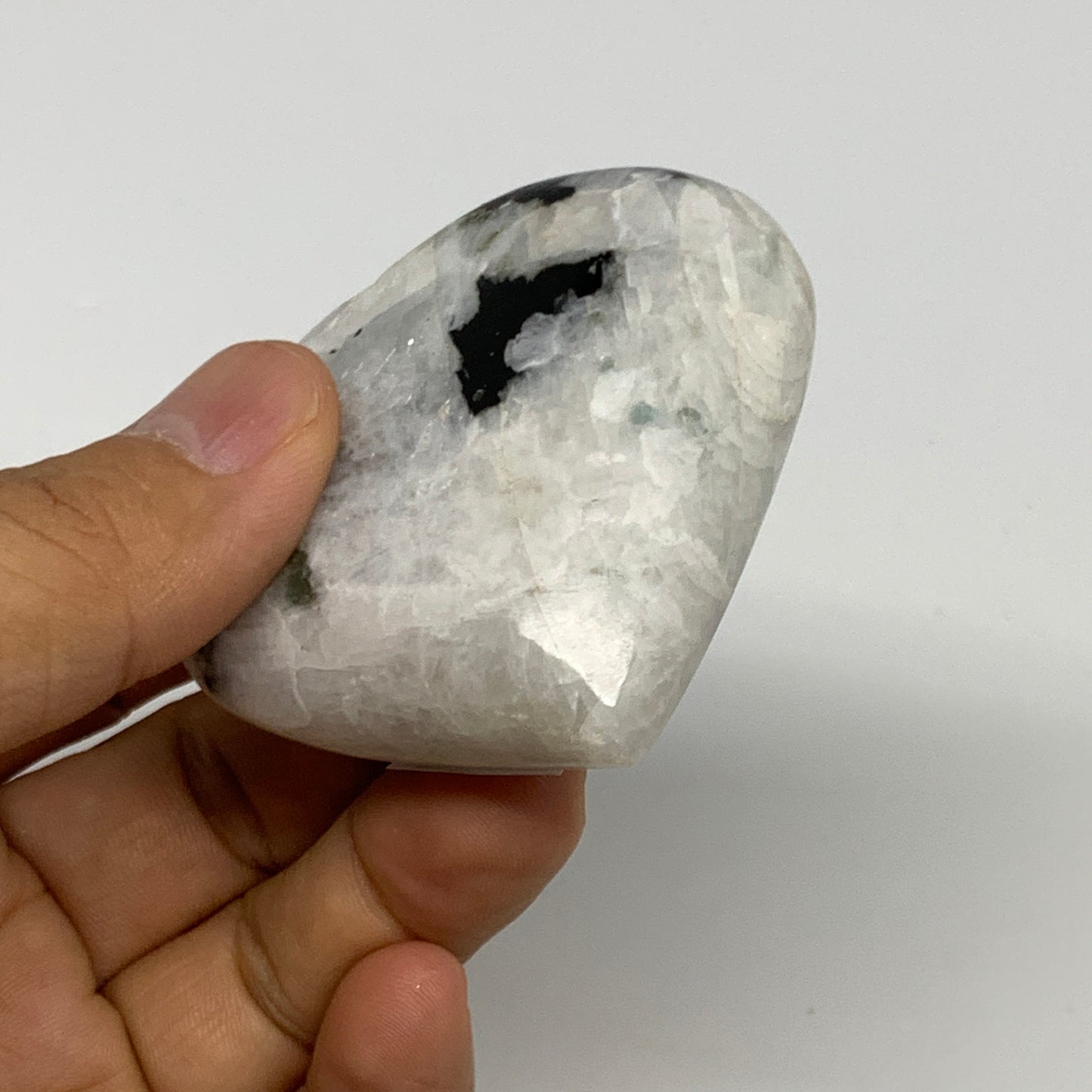 109.3g, 2.2"x2.3"x0.9", Rainbow Moonstone Heart Crystal Gemstone @India, B29749
