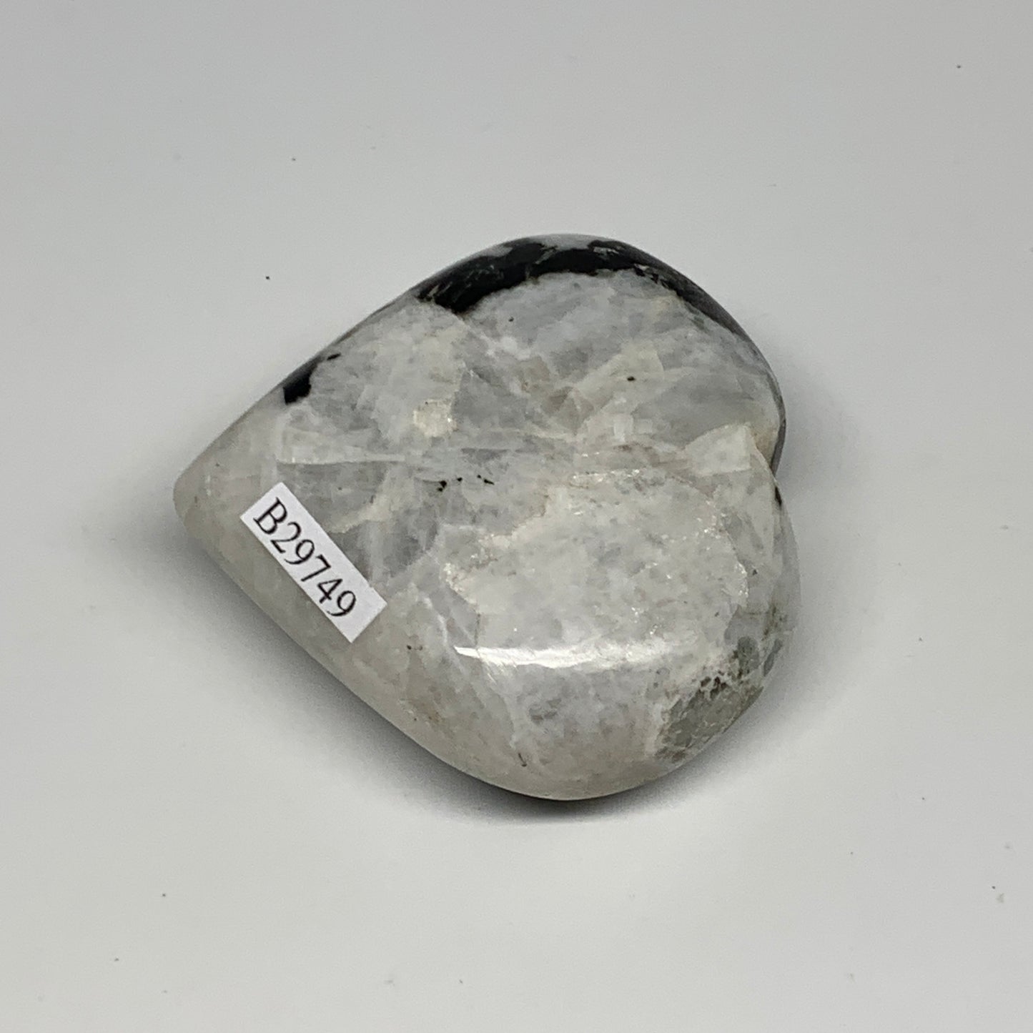 109.3g, 2.2"x2.3"x0.9", Rainbow Moonstone Heart Crystal Gemstone @India, B29749