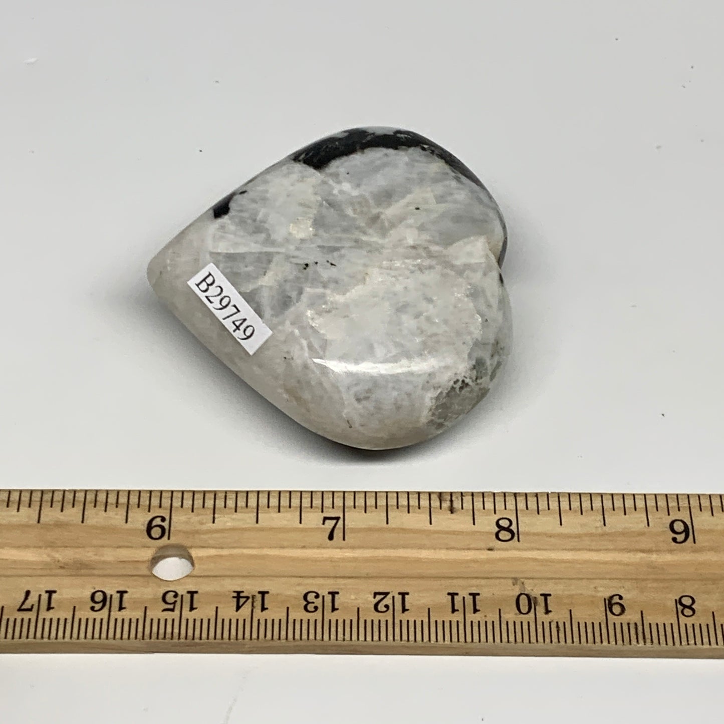 109.3g, 2.2"x2.3"x0.9", Rainbow Moonstone Heart Crystal Gemstone @India, B29749