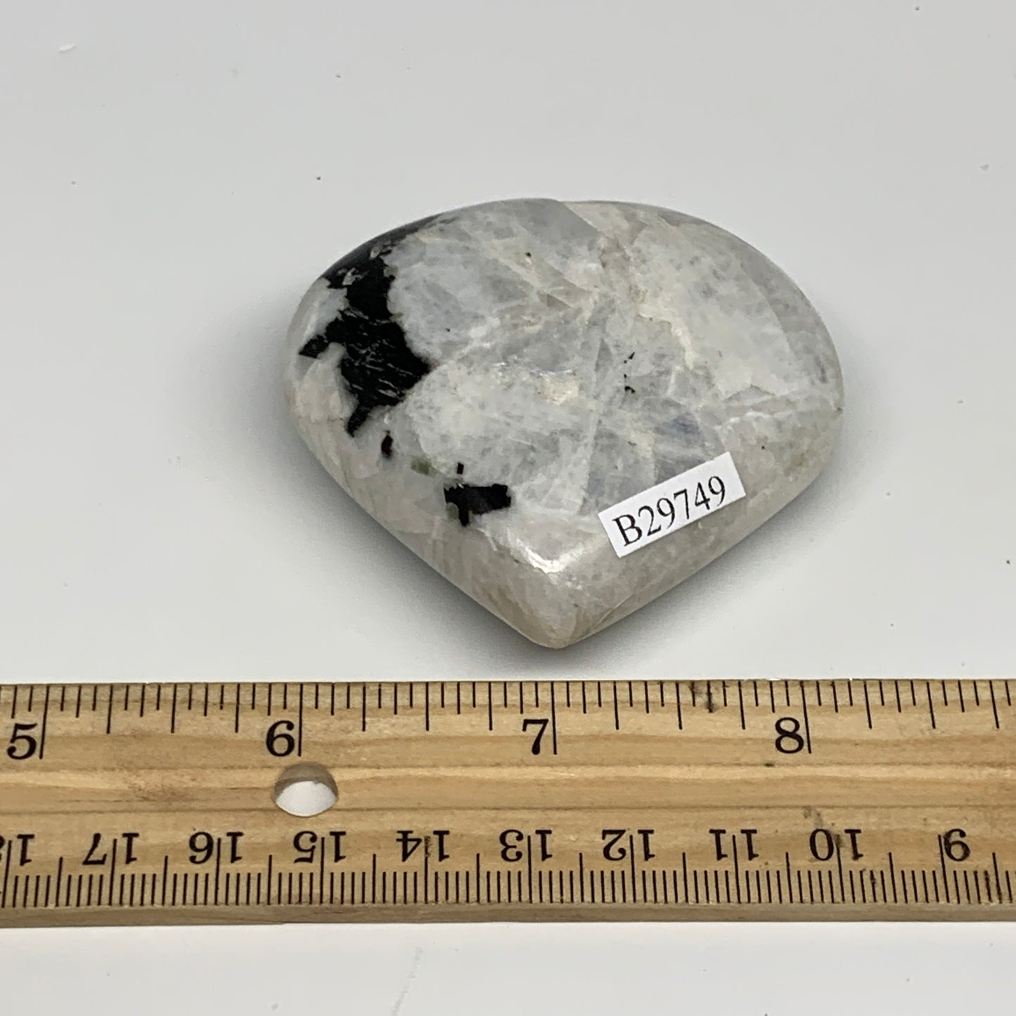 109.3g, 2.2"x2.3"x0.9", Rainbow Moonstone Heart Crystal Gemstone @India, B29749