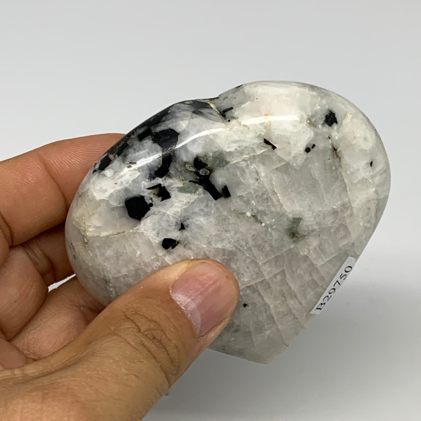 184.9g, 2.7"x3"x1", Rainbow Moonstone Heart Crystal Gemstone @India, B29750