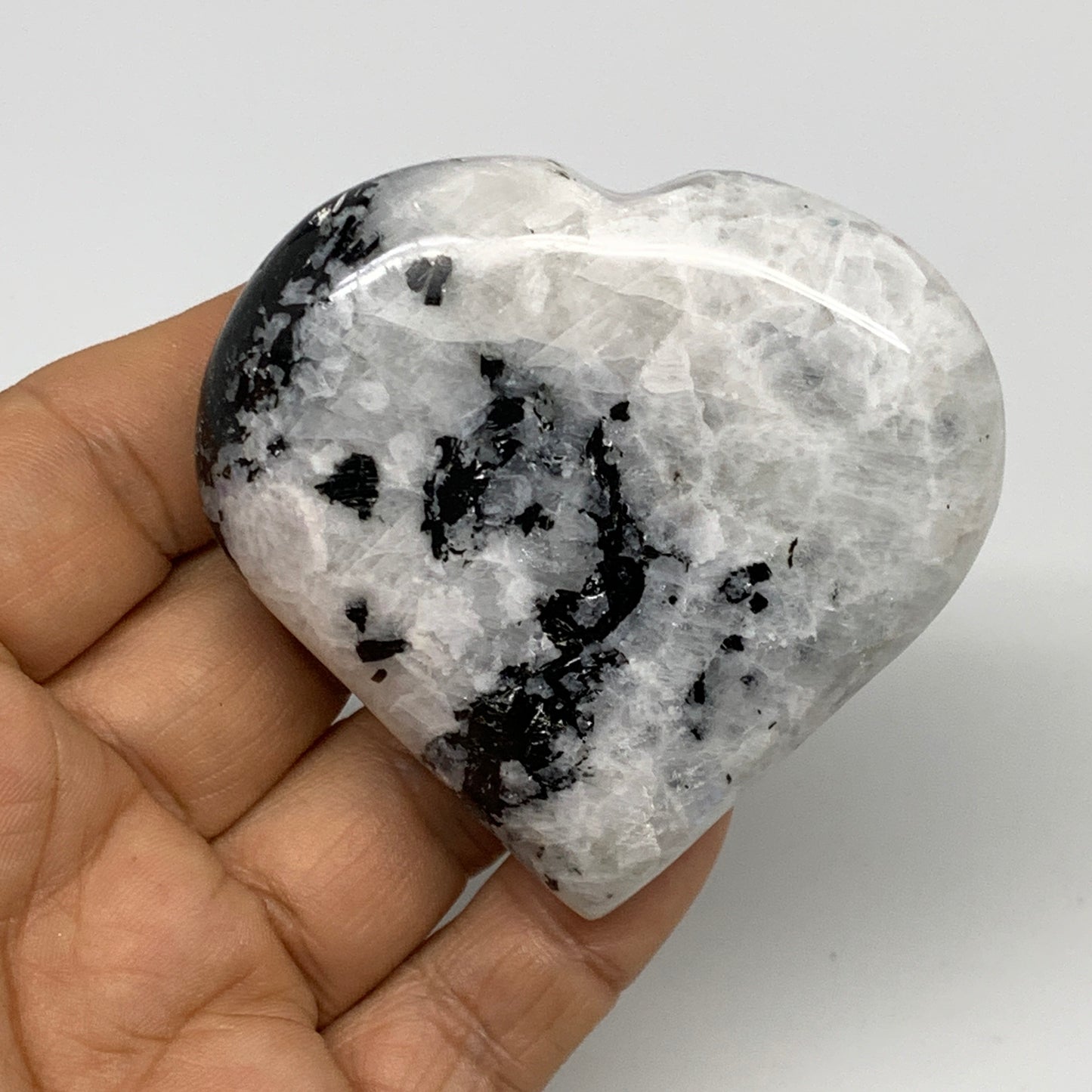 121.6g, 2.5"x2.6"x0.8", Rainbow Moonstone Heart Crystal Gemstone @India, B29751