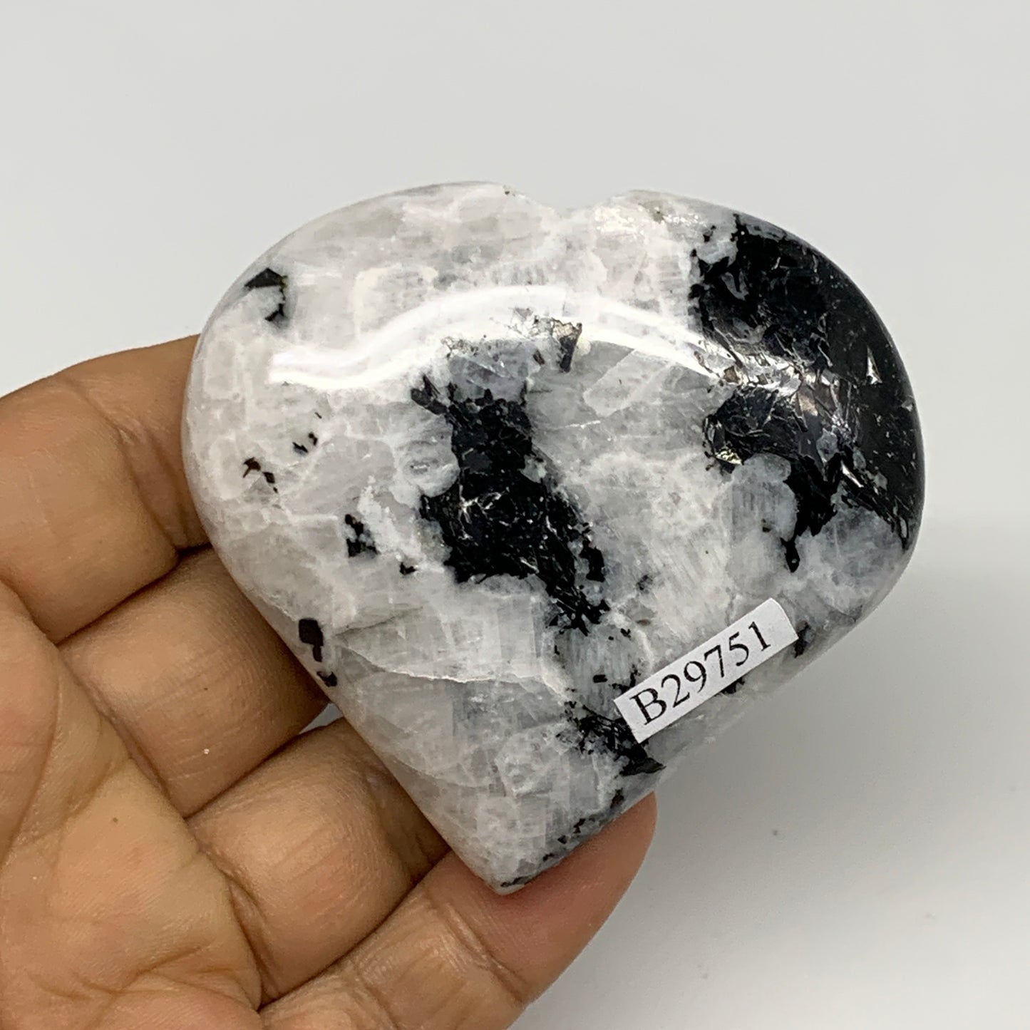 121.6g, 2.5"x2.6"x0.8", Rainbow Moonstone Heart Crystal Gemstone @India, B29751