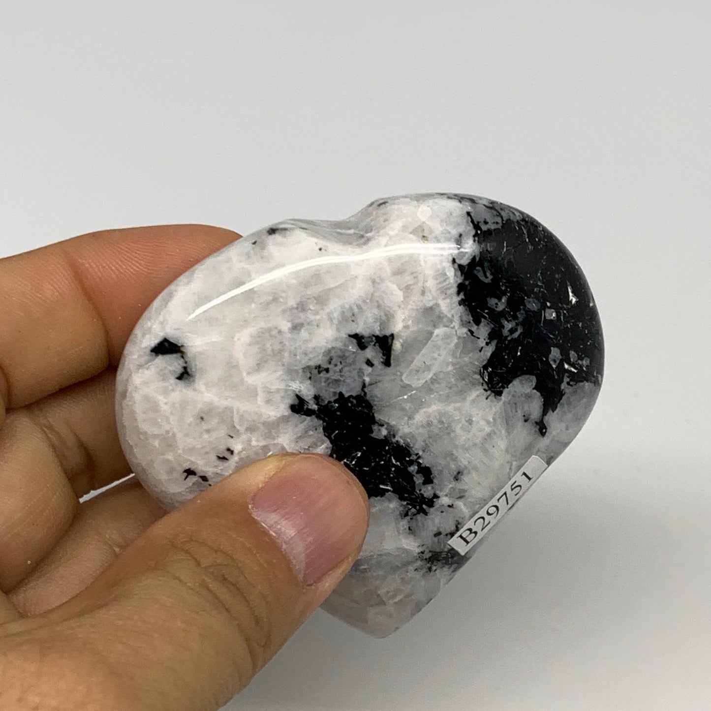 121.6g, 2.5"x2.6"x0.8", Rainbow Moonstone Heart Crystal Gemstone @India, B29751