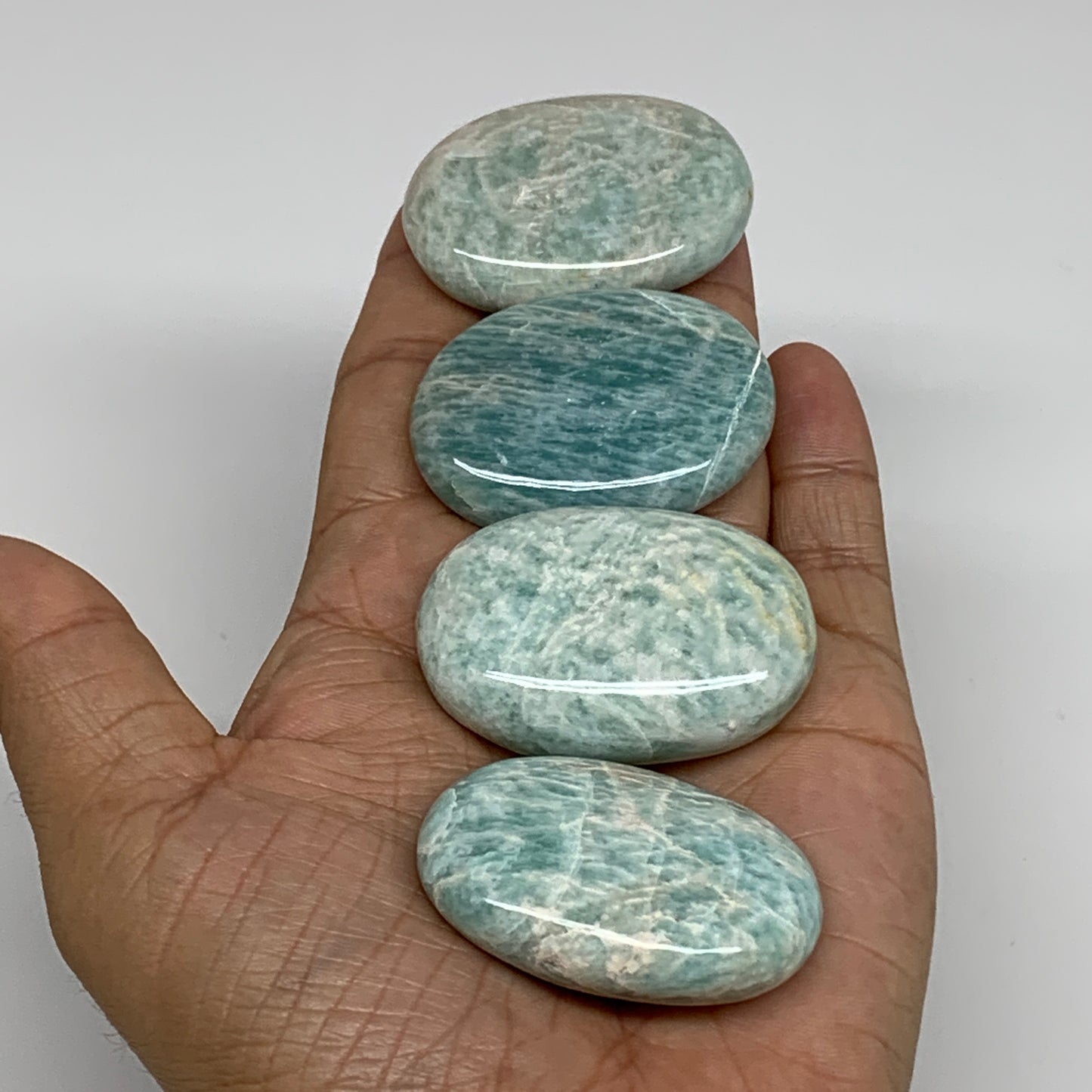 140g,1.8"-1.9", 4pcs, Natural Amazonite Palm-Stone Tumbled Polished, B34665