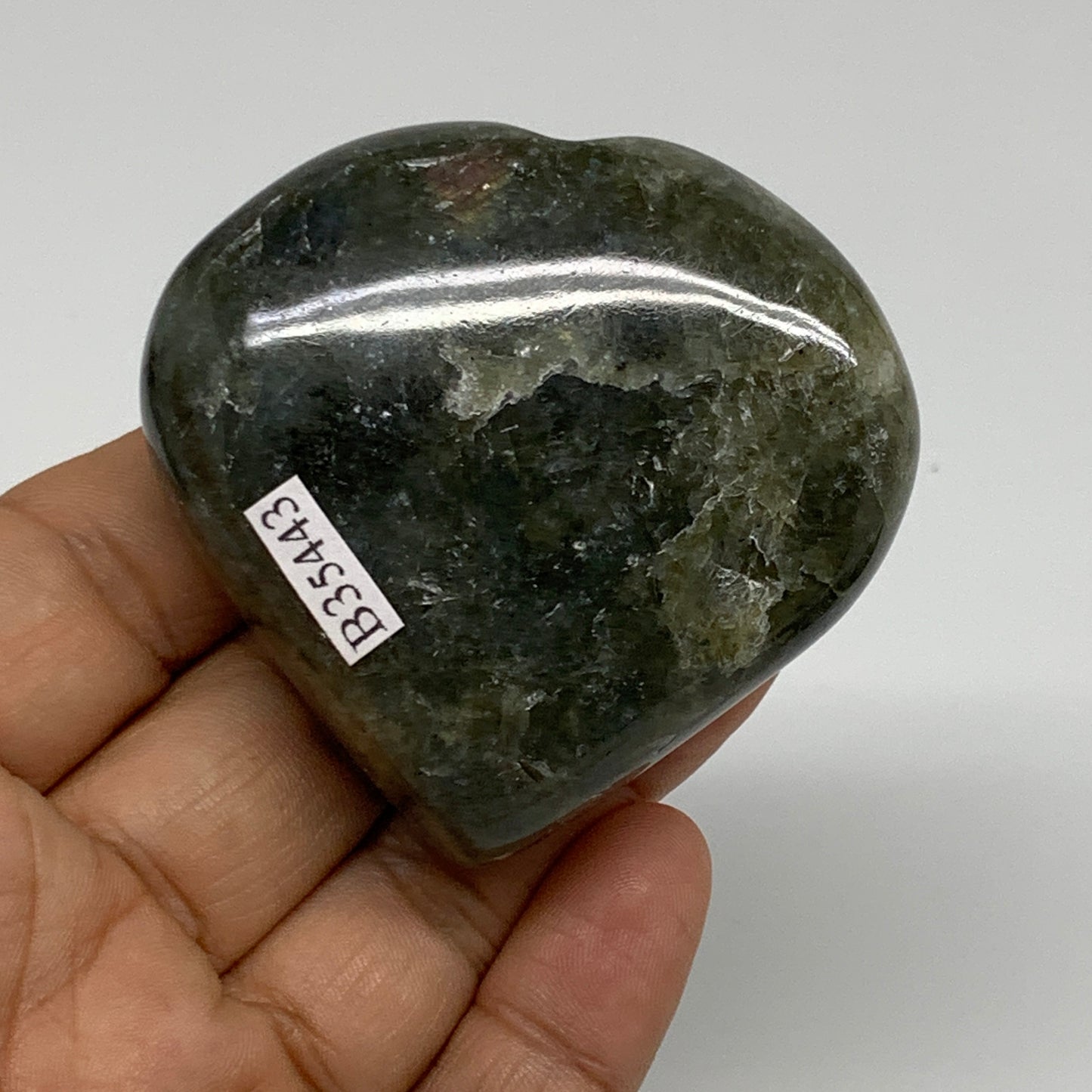 121.1g, 2.2"x2.4"x0.9", Natural Labradorite Heart Polished Crystal, B35443