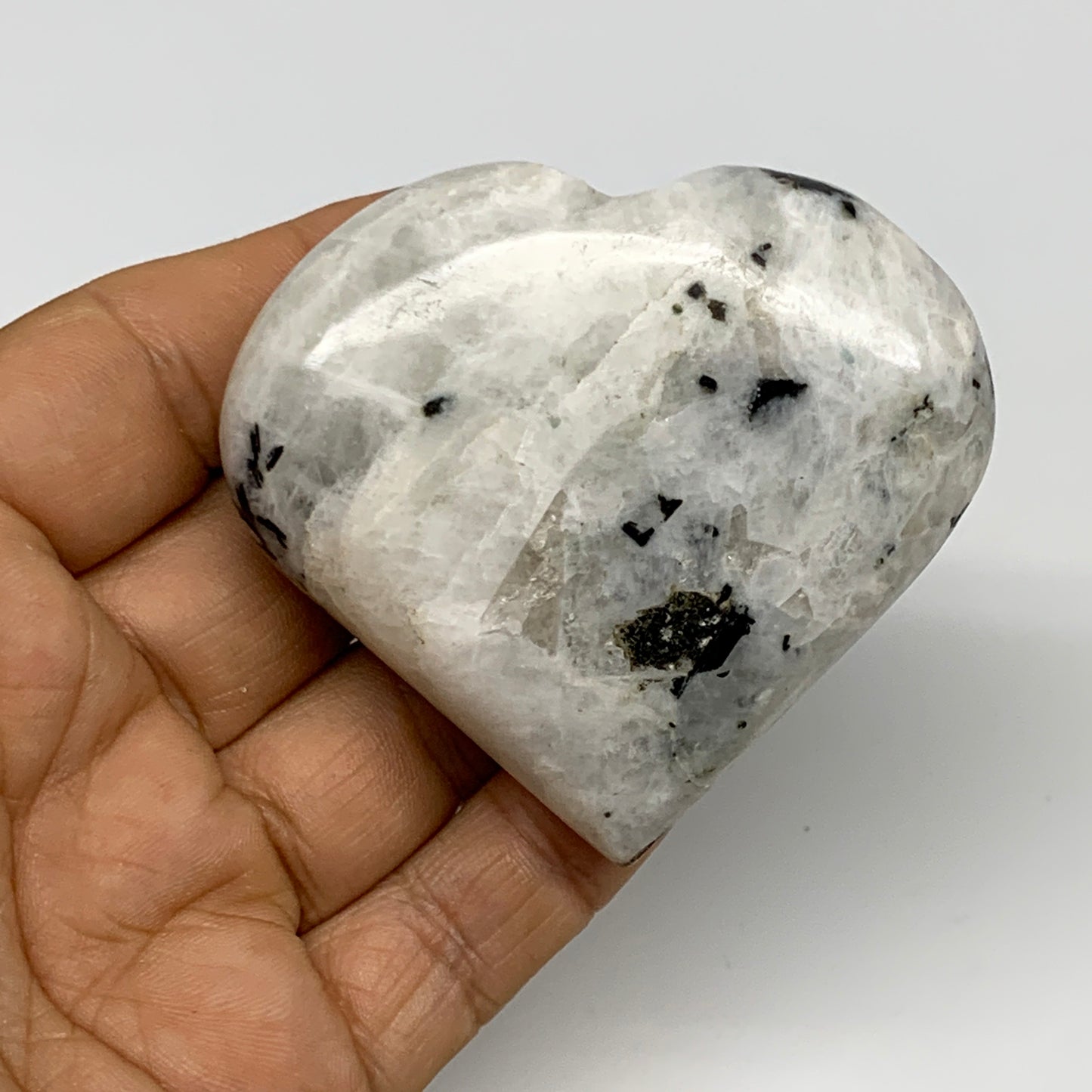 124.9g, 2.3"x2.6"x0.9", Rainbow Moonstone Heart Crystal Gemstone @India, B29755