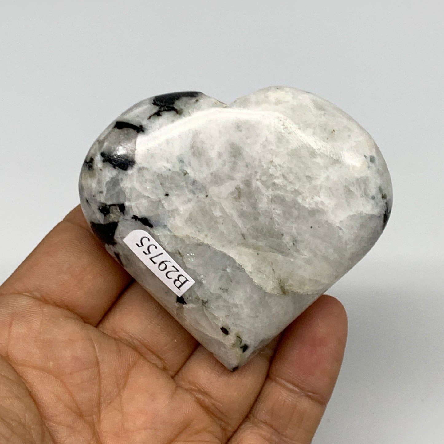 124.9g, 2.3"x2.6"x0.9", Rainbow Moonstone Heart Crystal Gemstone @India, B29755