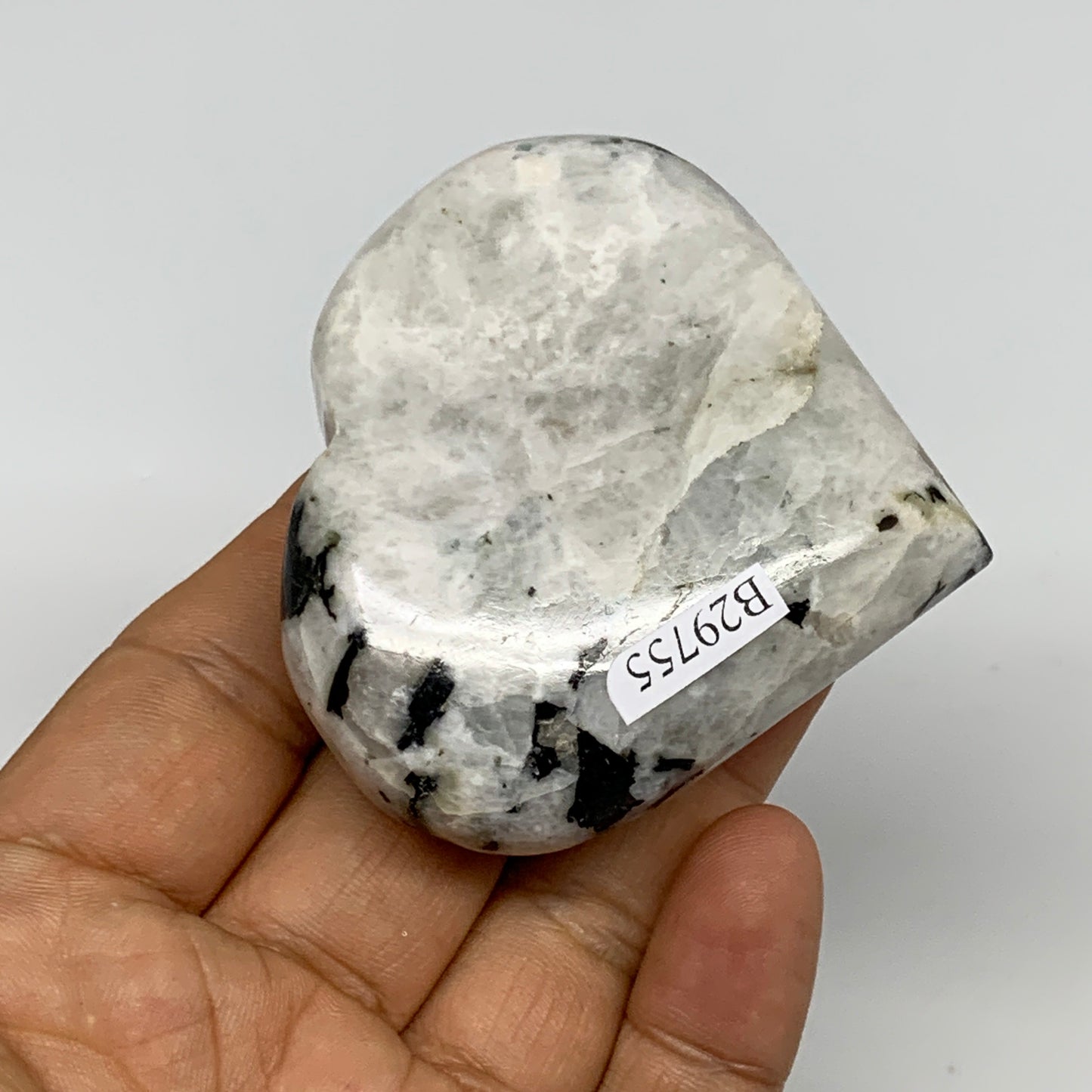 124.9g, 2.3"x2.6"x0.9", Rainbow Moonstone Heart Crystal Gemstone @India, B29755