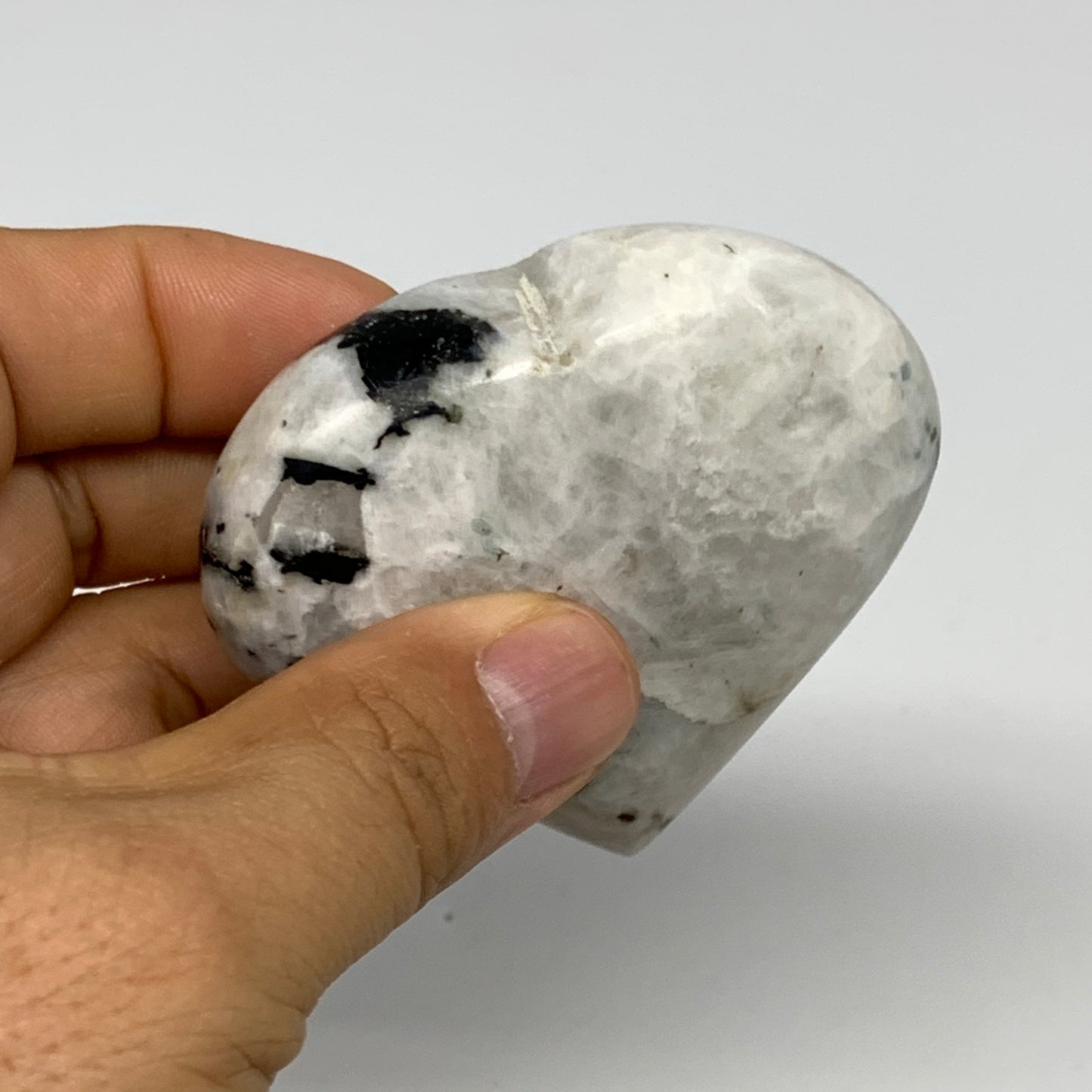 124.9g, 2.3"x2.6"x0.9", Rainbow Moonstone Heart Crystal Gemstone @India, B29755