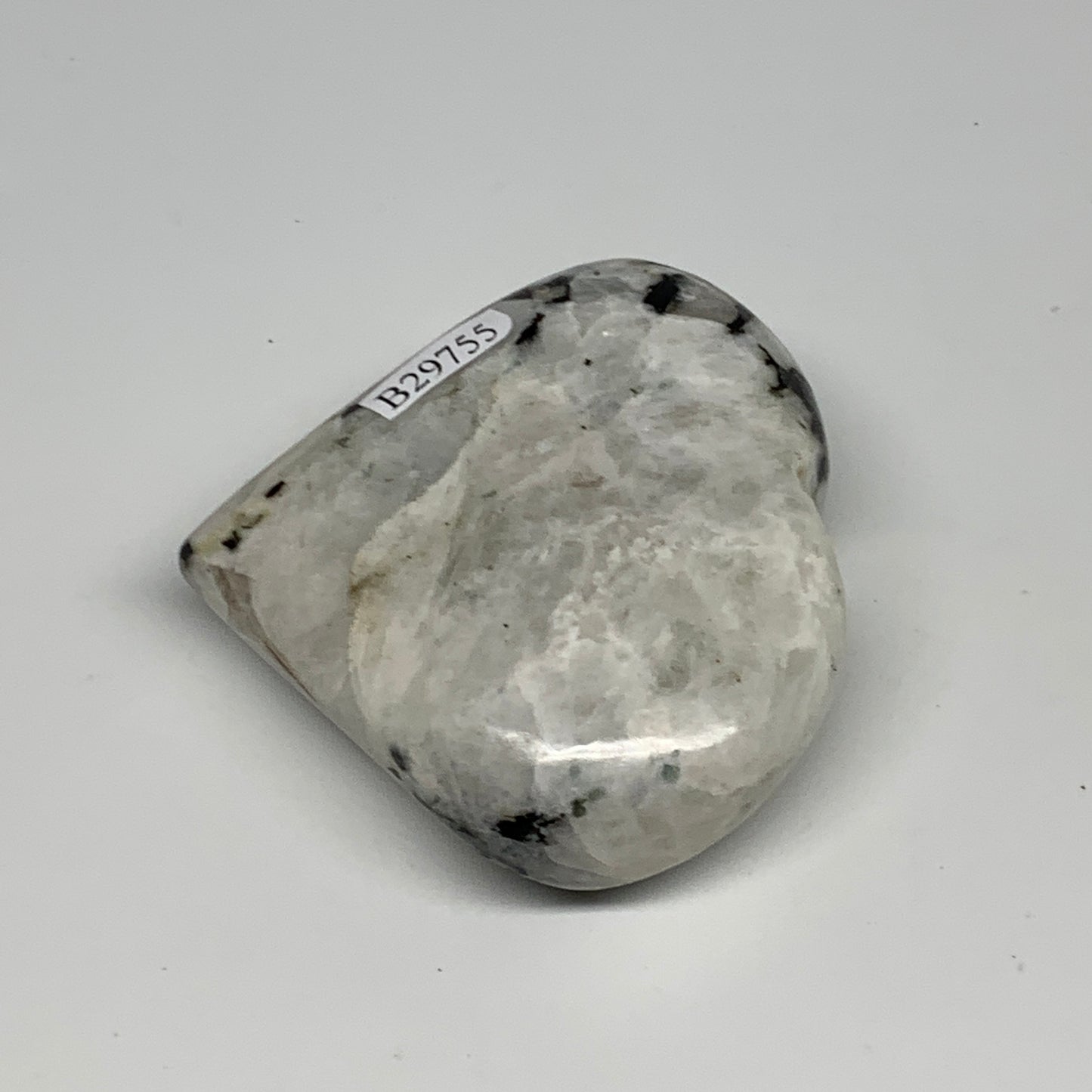 124.9g, 2.3"x2.6"x0.9", Rainbow Moonstone Heart Crystal Gemstone @India, B29755