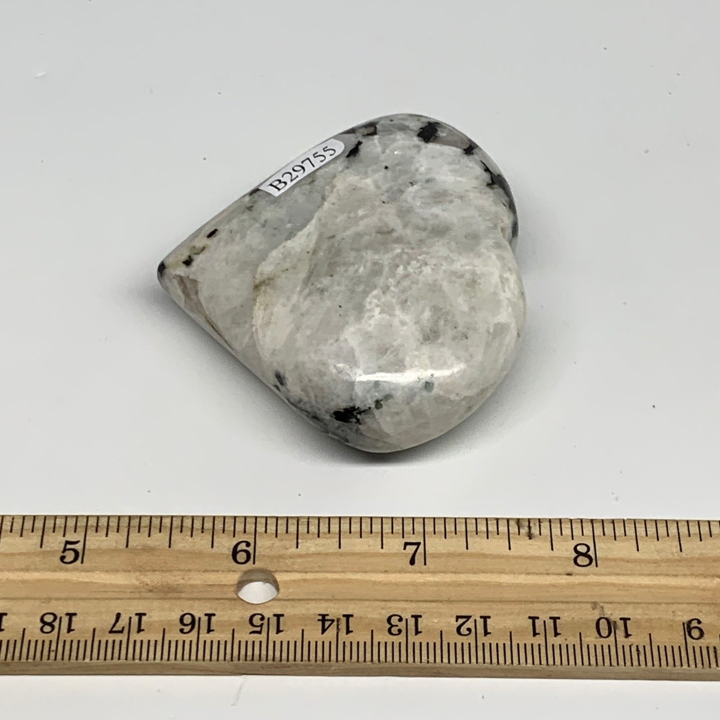 124.9g, 2.3"x2.6"x0.9", Rainbow Moonstone Heart Crystal Gemstone @India, B29755