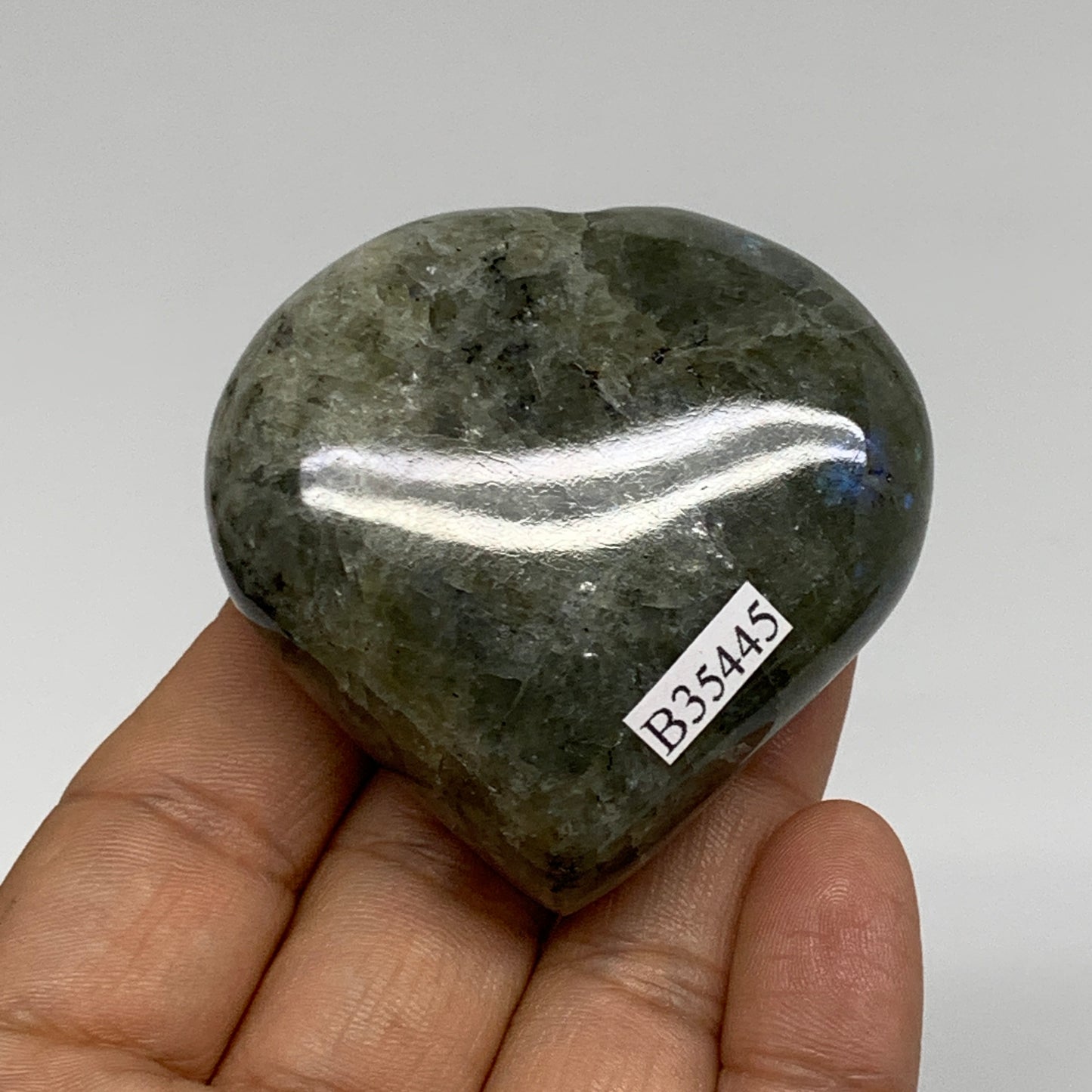104.8g, 2.1"x2.2"x0.9", Natural Labradorite Heart Polished Crystal, B35445