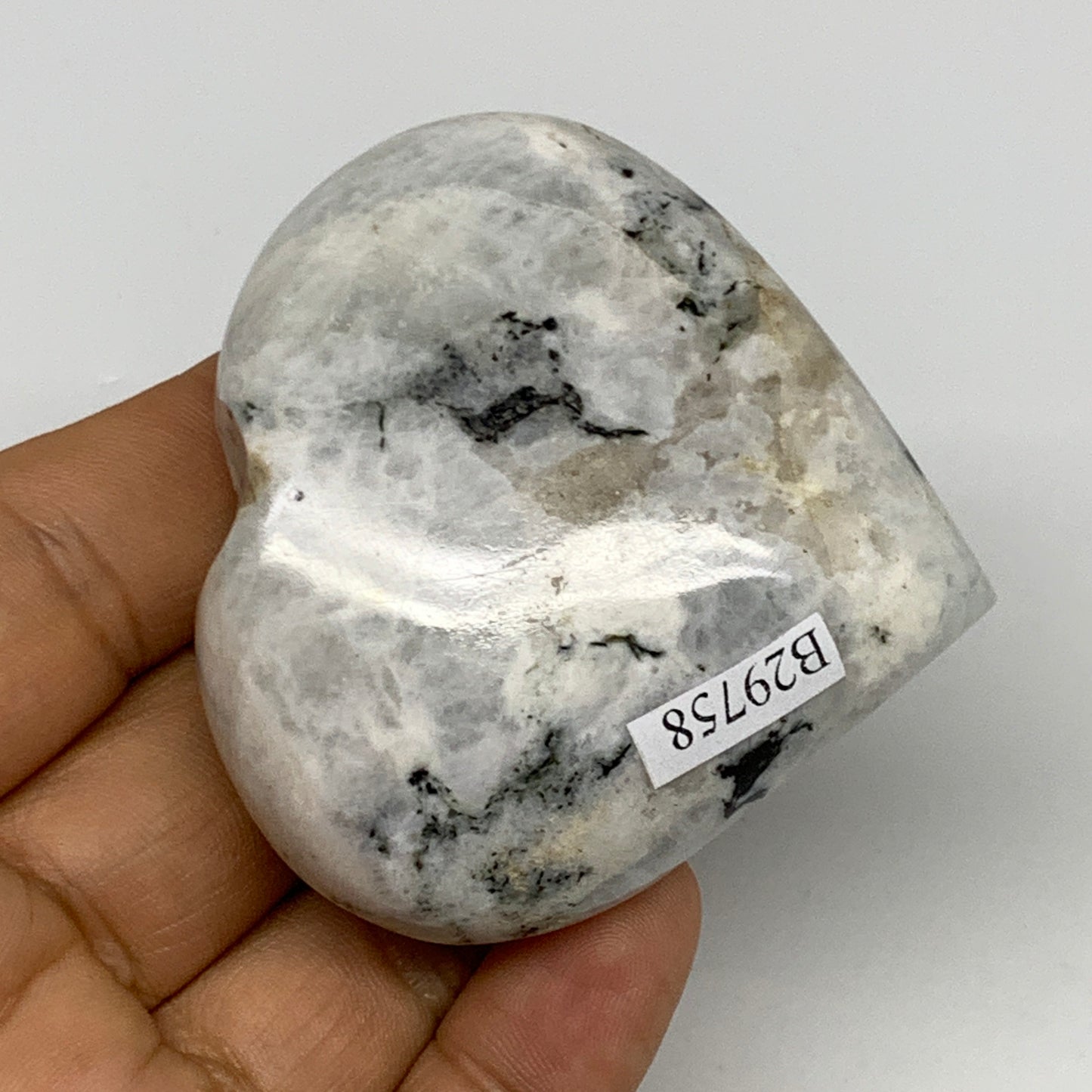 115.7g, 2.3"x2.4"x0.9", Rainbow Moonstone Heart Crystal Gemstone @India, B29758