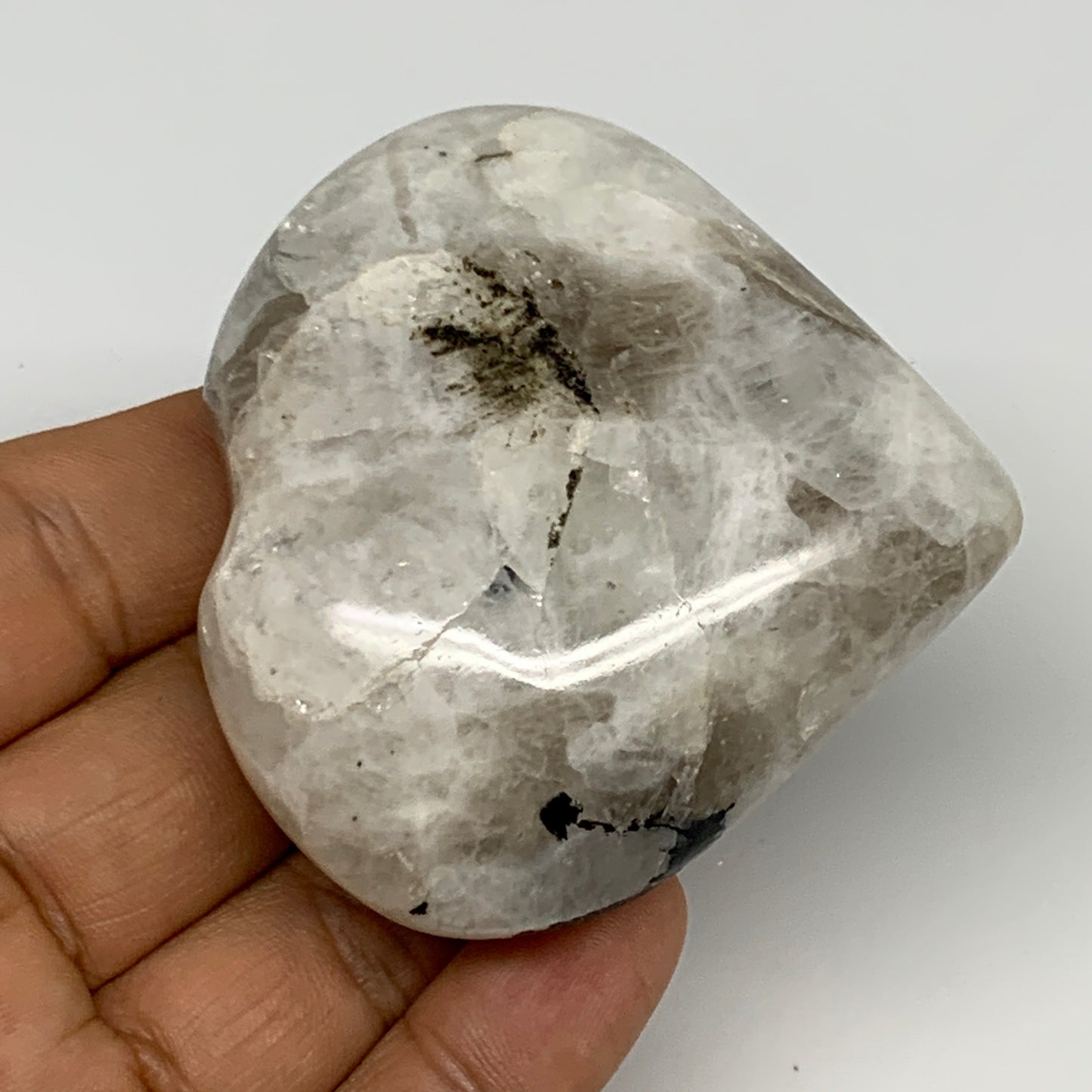 129.4g, 2.4"x2.5"x1", Rainbow Moonstone Heart Crystal Gemstone @India, B29761