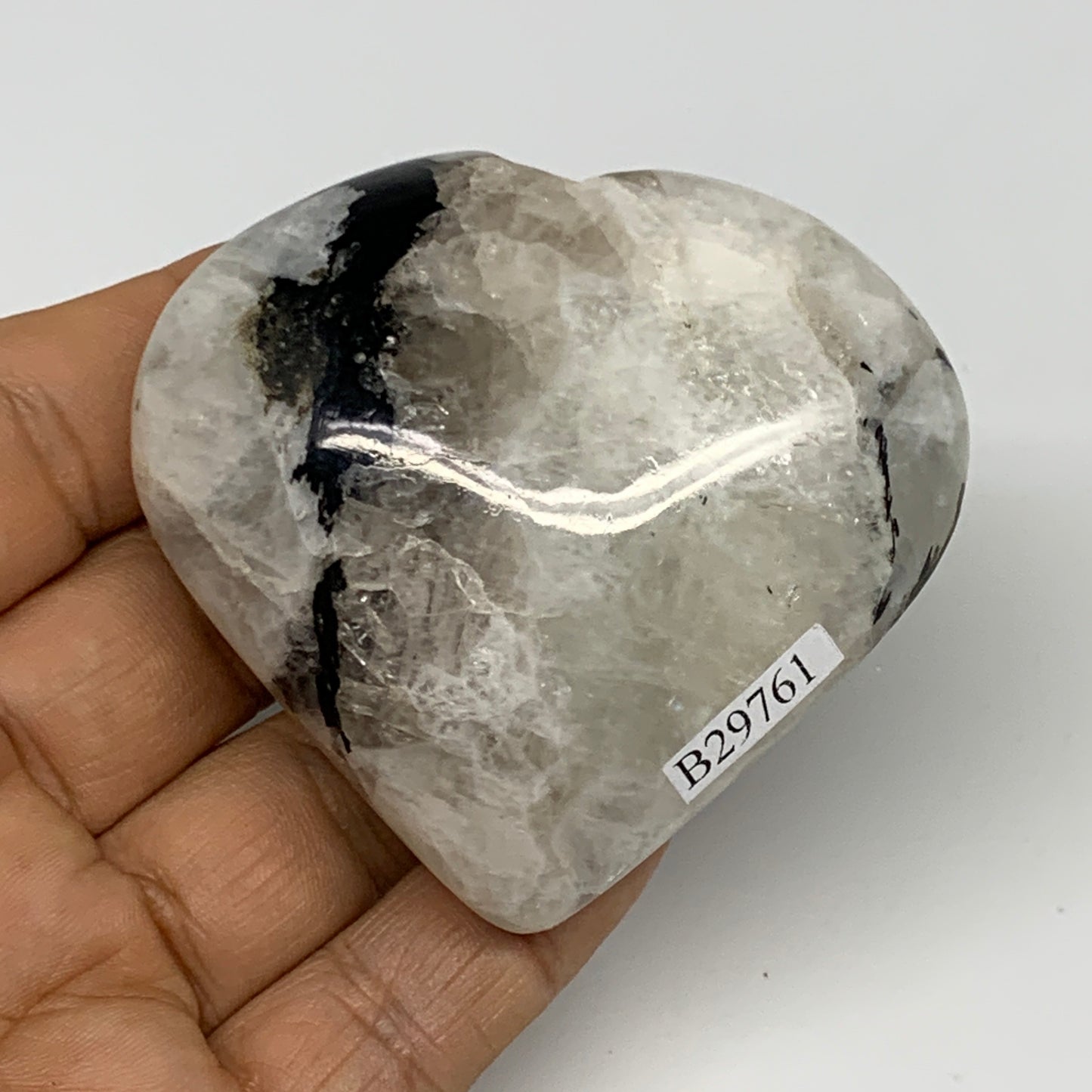 129.4g, 2.4"x2.5"x1", Rainbow Moonstone Heart Crystal Gemstone @India, B29761