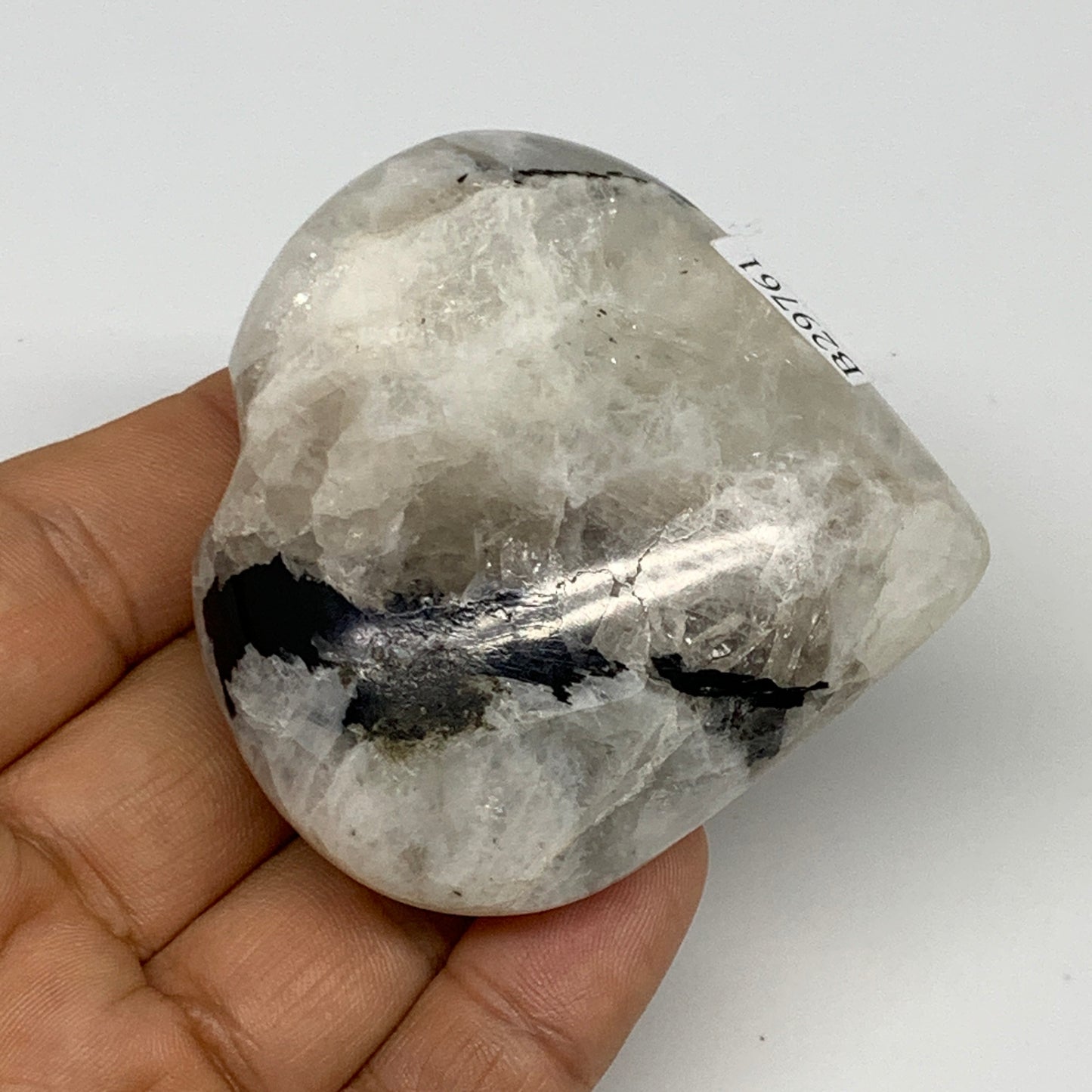 129.4g, 2.4"x2.5"x1", Rainbow Moonstone Heart Crystal Gemstone @India, B29761