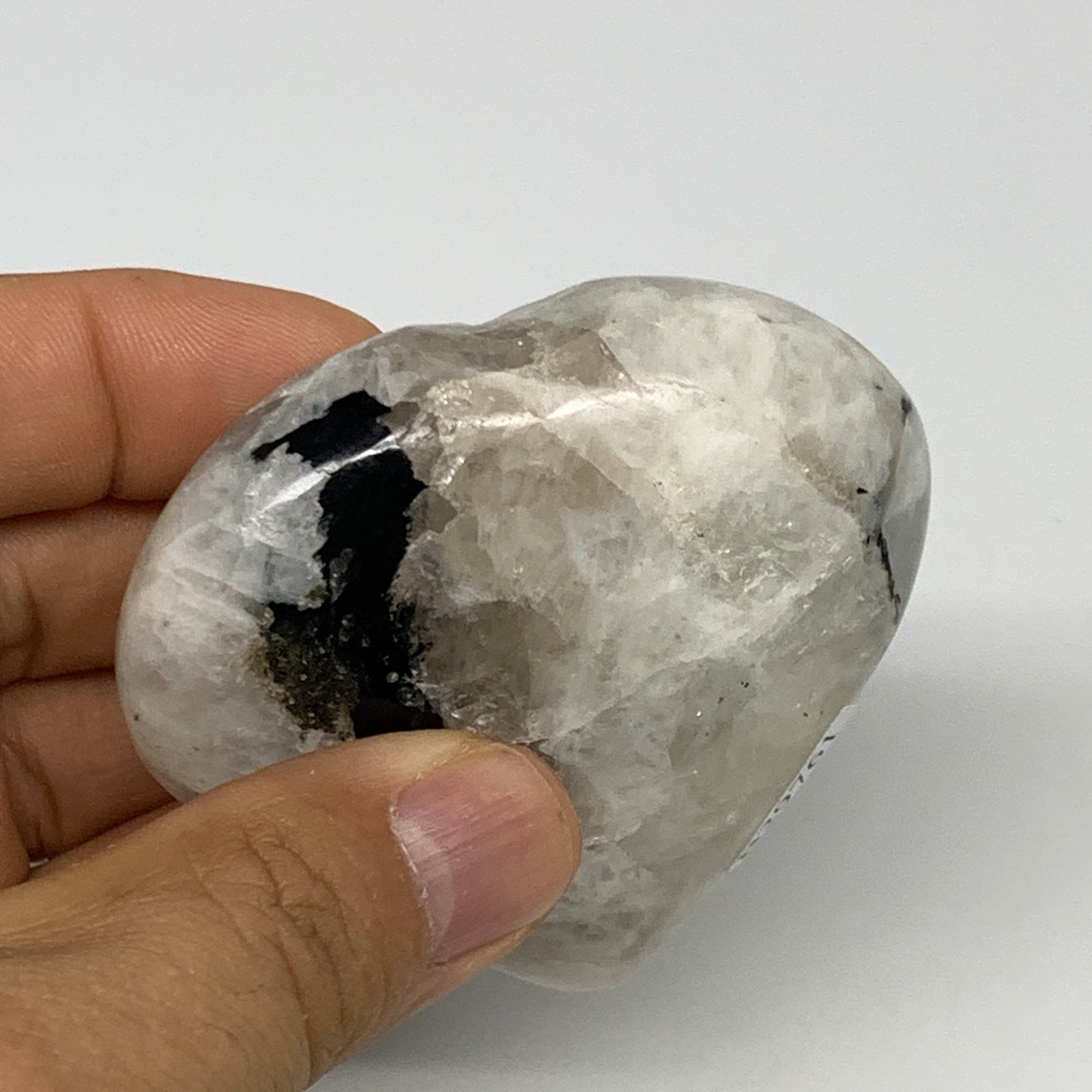 129.4g, 2.4"x2.5"x1", Rainbow Moonstone Heart Crystal Gemstone @India, B29761