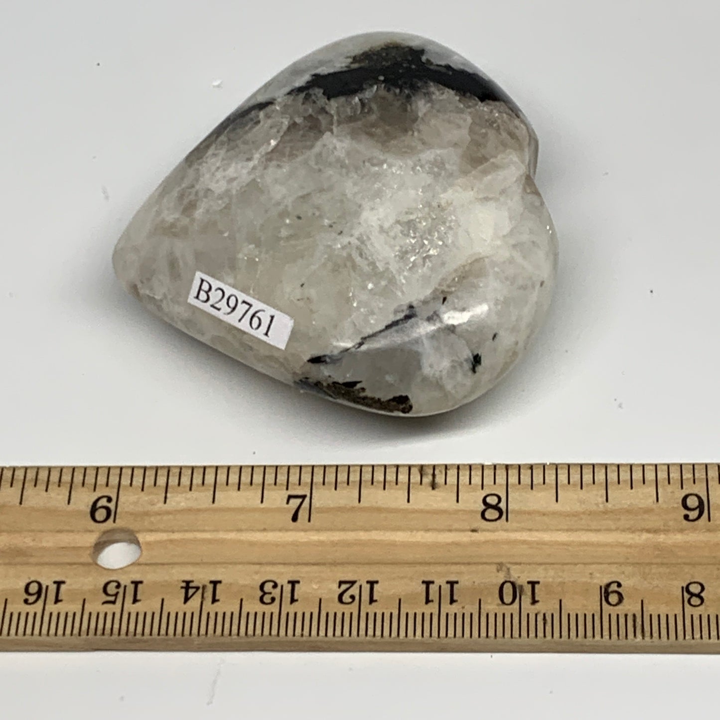 129.4g, 2.4"x2.5"x1", Rainbow Moonstone Heart Crystal Gemstone @India, B29761