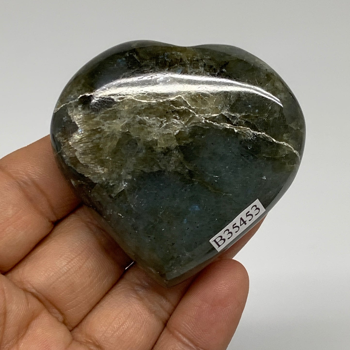98.6g, 2.1"x2.2"x0.8" Natural Labradorite Heart Polished Healing Crystal, B35453