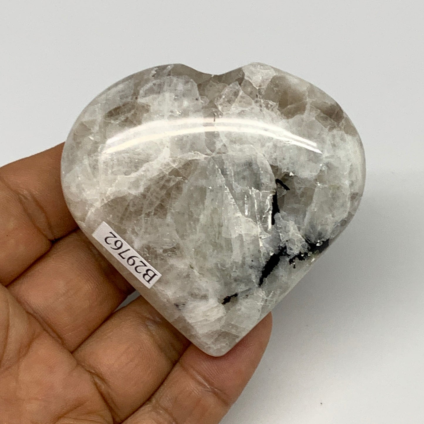 109.3g, 2.4"x2.5"x0.8", Rainbow Moonstone Heart Crystal Gemstone @India, B29762