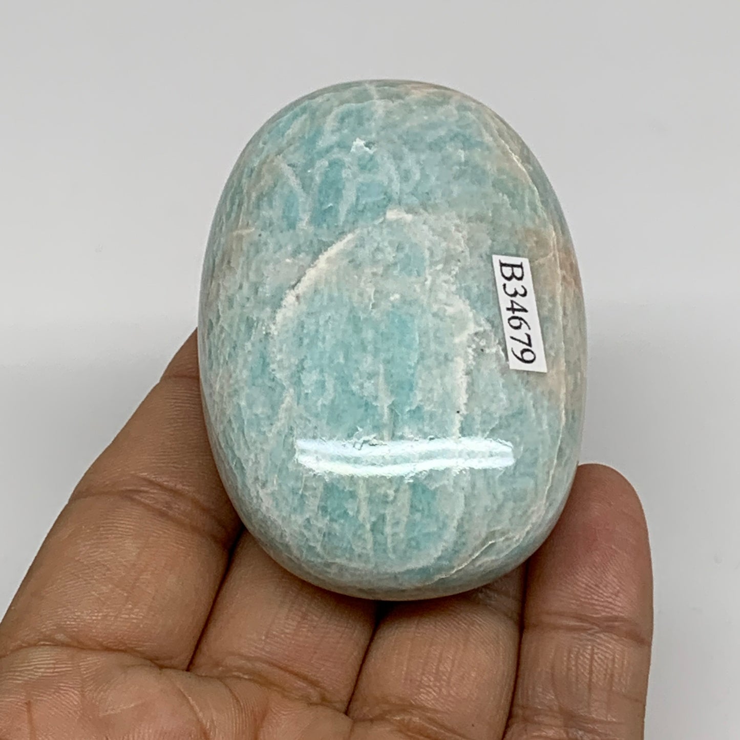 111.5g, 2.6"x1.8"x0.9", Natural Amazonite Palm-Stone Tumbled Polished, B34679
