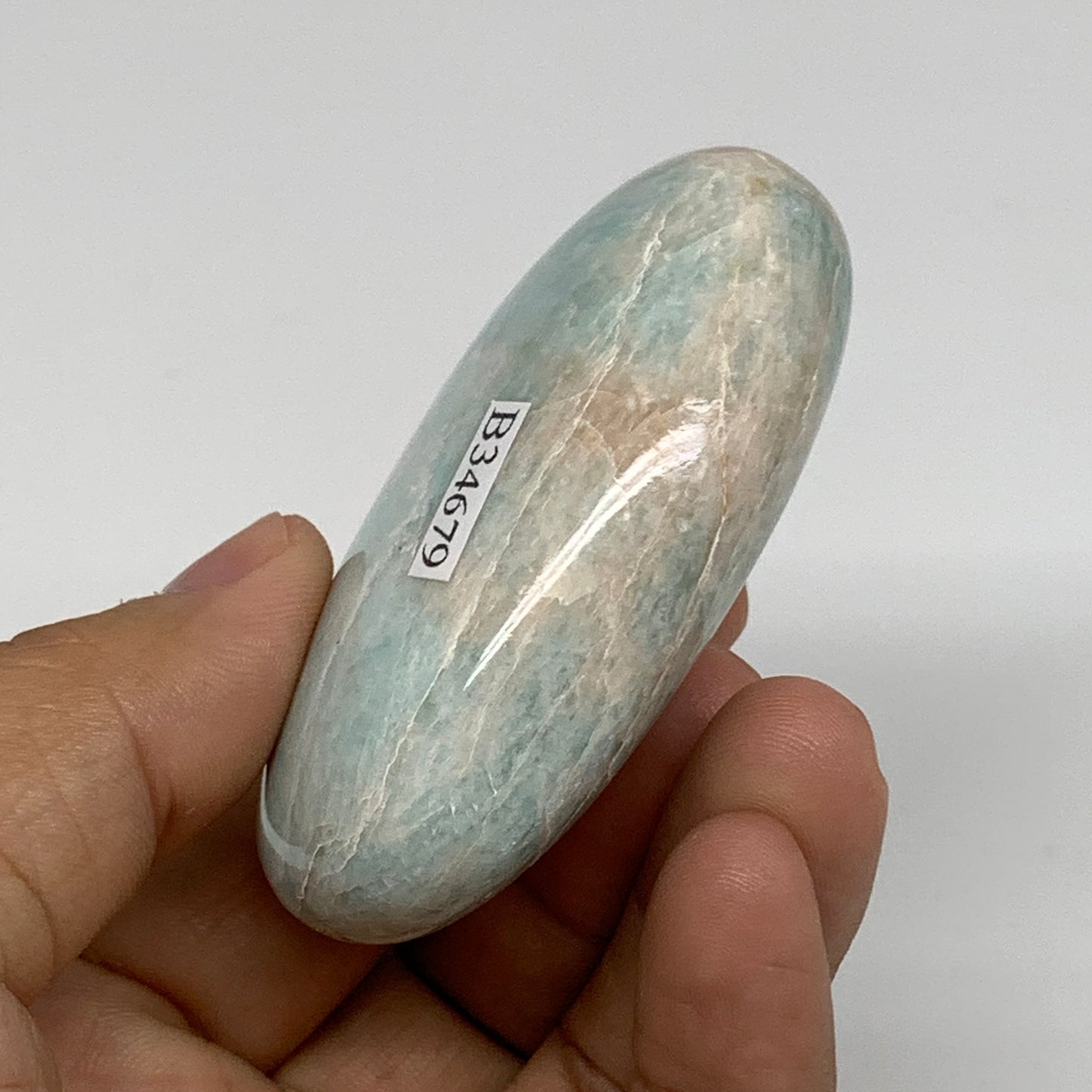 111.5g, 2.6"x1.8"x0.9", Natural Amazonite Palm-Stone Tumbled Polished, B34679