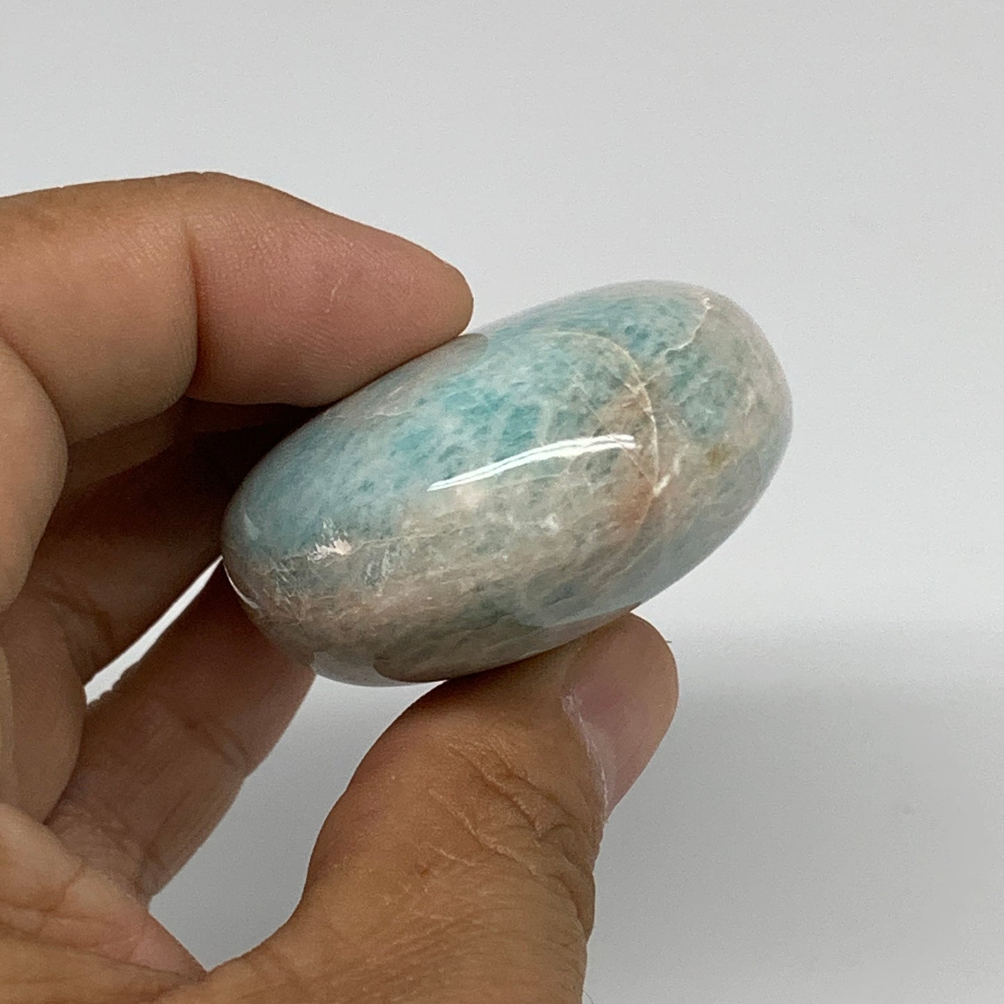 111.5g, 2.6"x1.8"x0.9", Natural Amazonite Palm-Stone Tumbled Polished, B34679