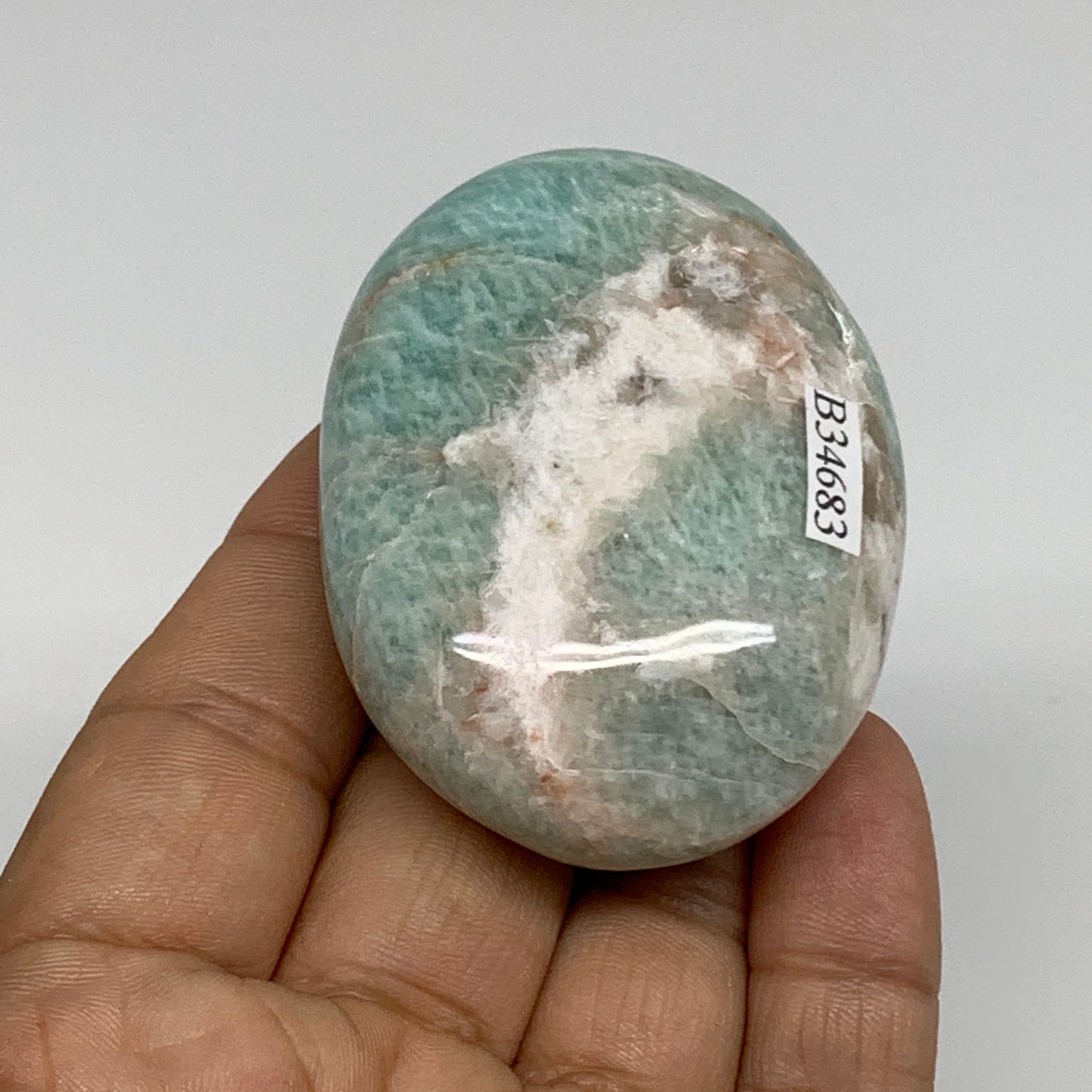 94.3g, 2.4"x1.8"x0.9", Natural Amazonite Palm-Stone Tumbled Polished, B34683