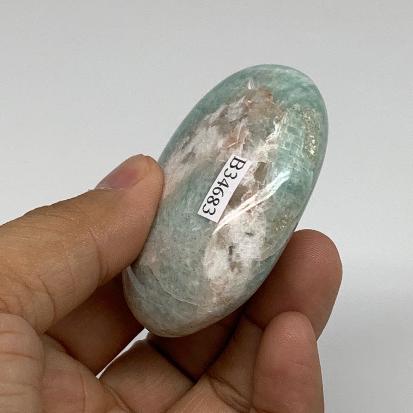 94.3g, 2.4"x1.8"x0.9", Natural Amazonite Palm-Stone Tumbled Polished, B34683