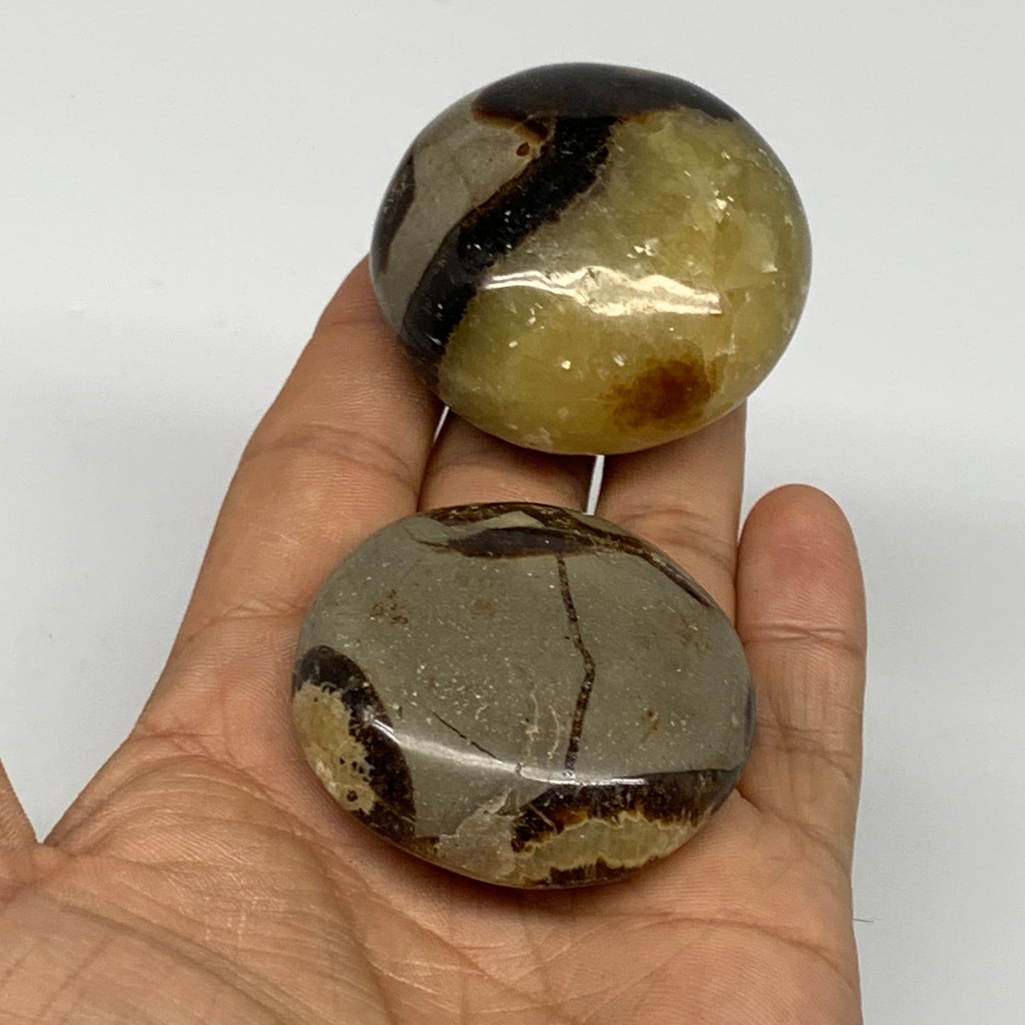 153.2g, 1.8"-1.9", 2pcs, Septarian Nodule Palm-Stone Polished Reiki Crystal, B28