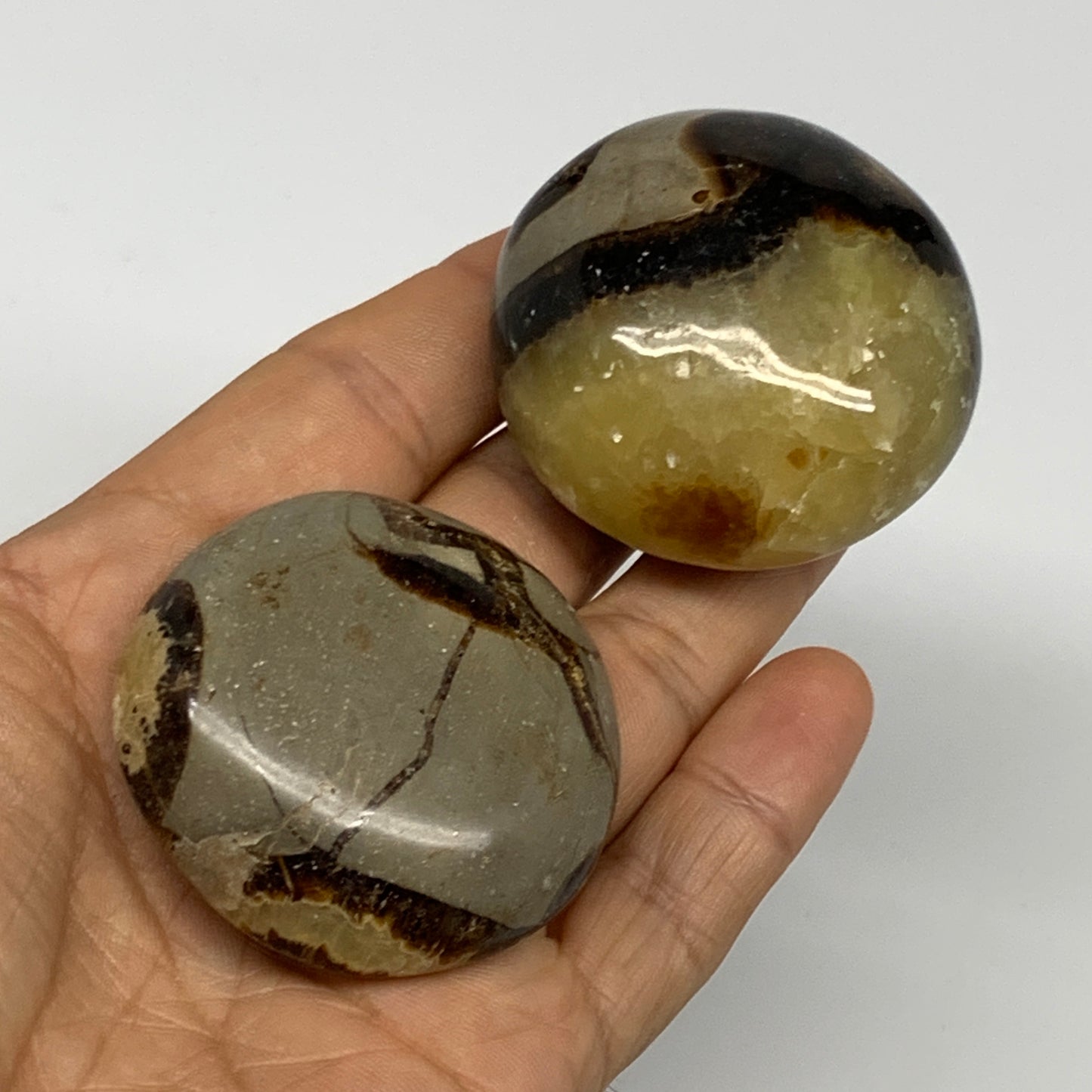 153.2g, 1.8"-1.9", 2pcs, Septarian Nodule Palm-Stone Polished Reiki Crystal, B28