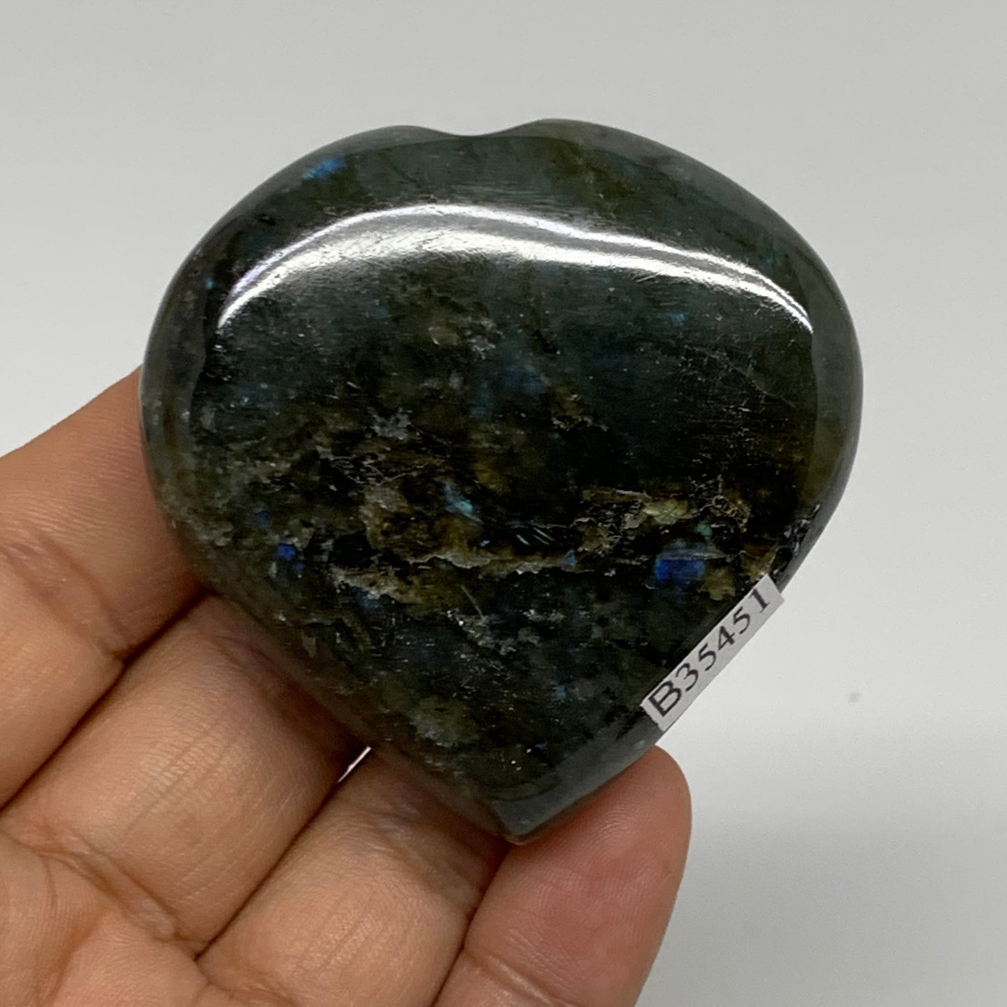 92.5g, 2.2"x2.2"x0.8" Natural Labradorite Heart Polished Healing Crystal, B35451