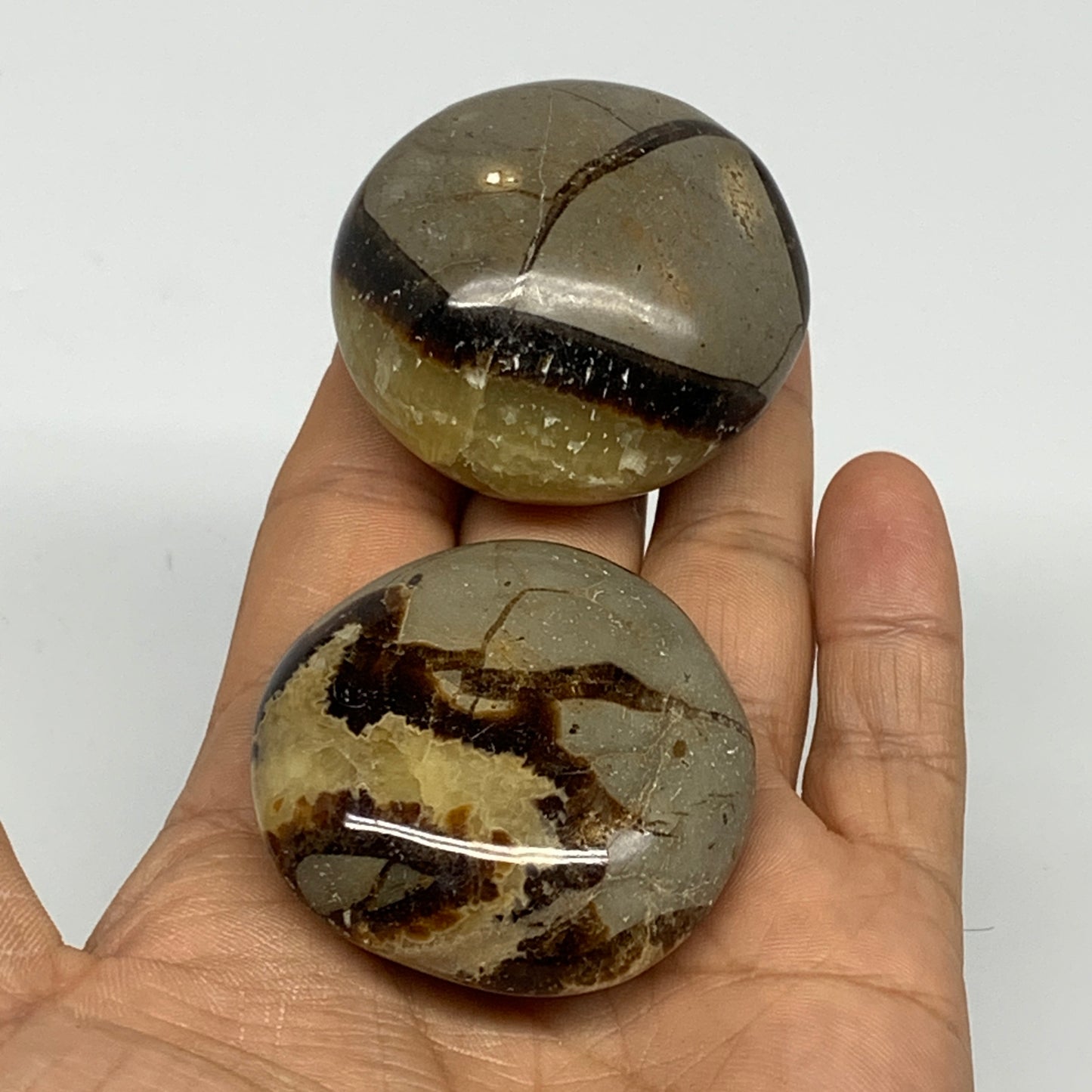 153.2g, 1.8"-1.9", 2pcs, Septarian Nodule Palm-Stone Polished Reiki Crystal, B28