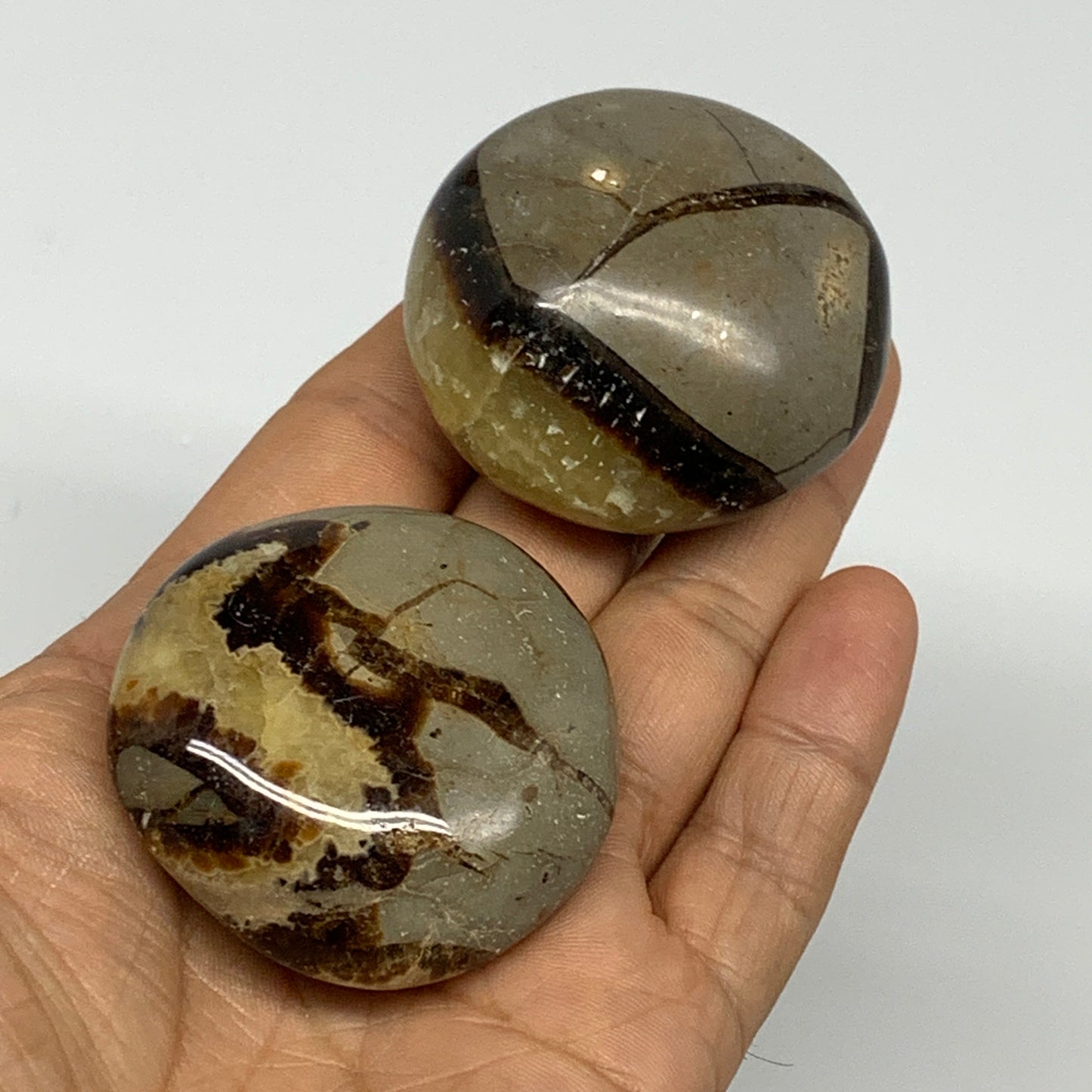 153.2g, 1.8"-1.9", 2pcs, Septarian Nodule Palm-Stone Polished Reiki Crystal, B28