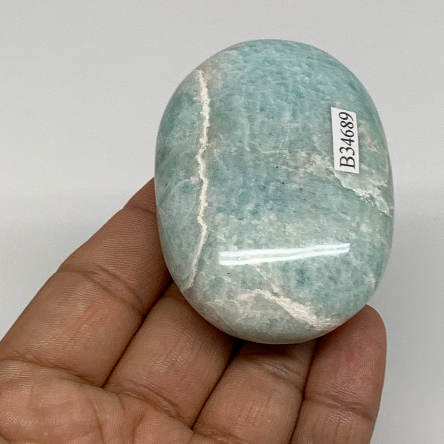 112g, 2.6"x1.8"x0.9", Natural Amazonite Palm-Stone Tumbled Polished, B34689