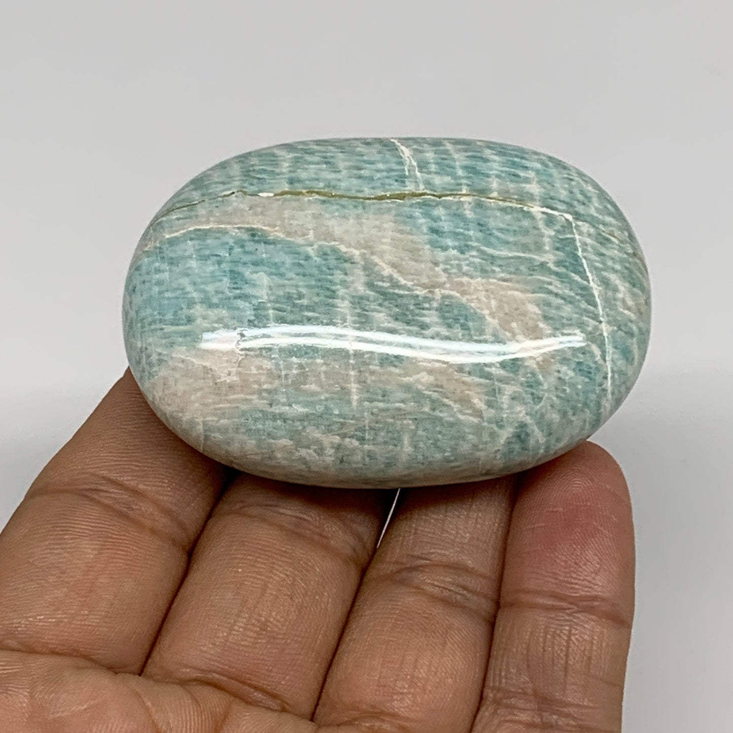84.1g, 2.3"x1.7"x0.9", Natural Amazonite Palm-Stone Tumbled Polished, B34692