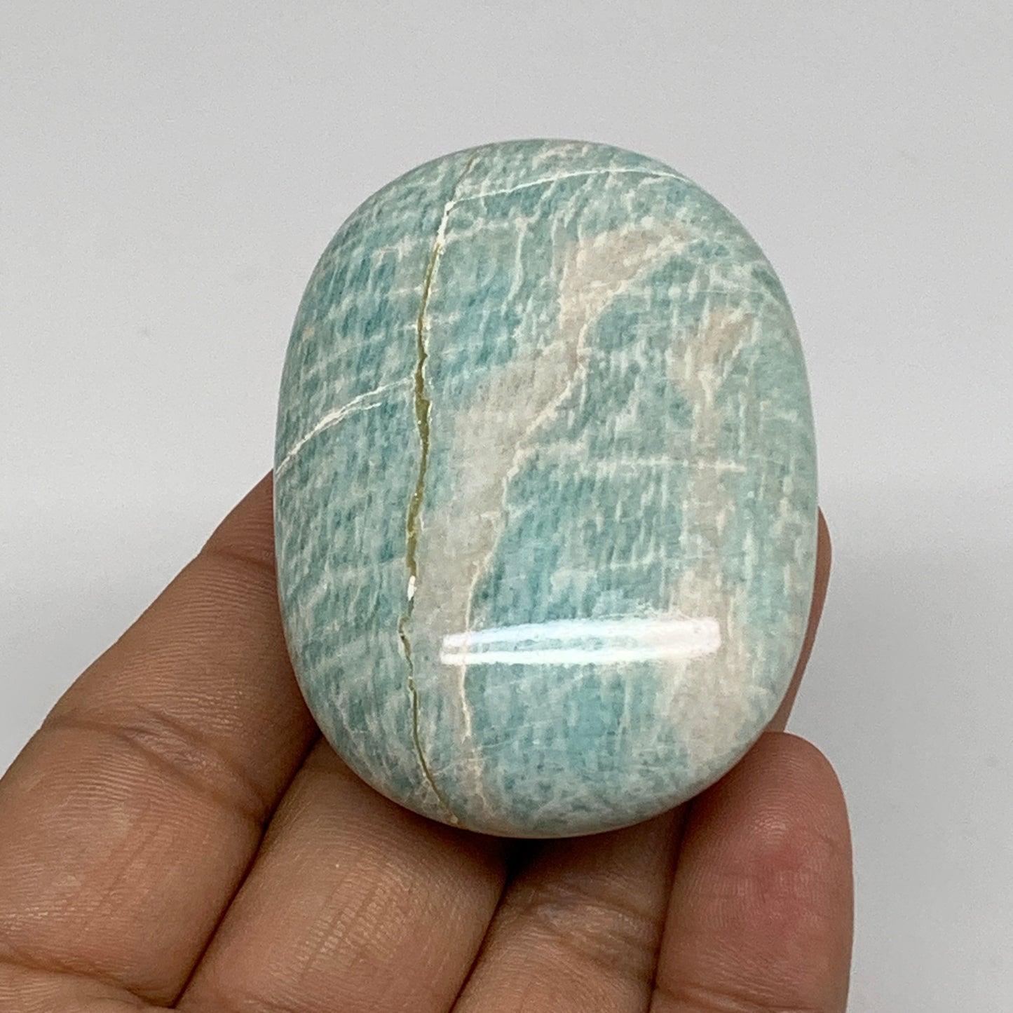 84.1g, 2.3"x1.7"x0.9", Natural Amazonite Palm-Stone Tumbled Polished, B34692
