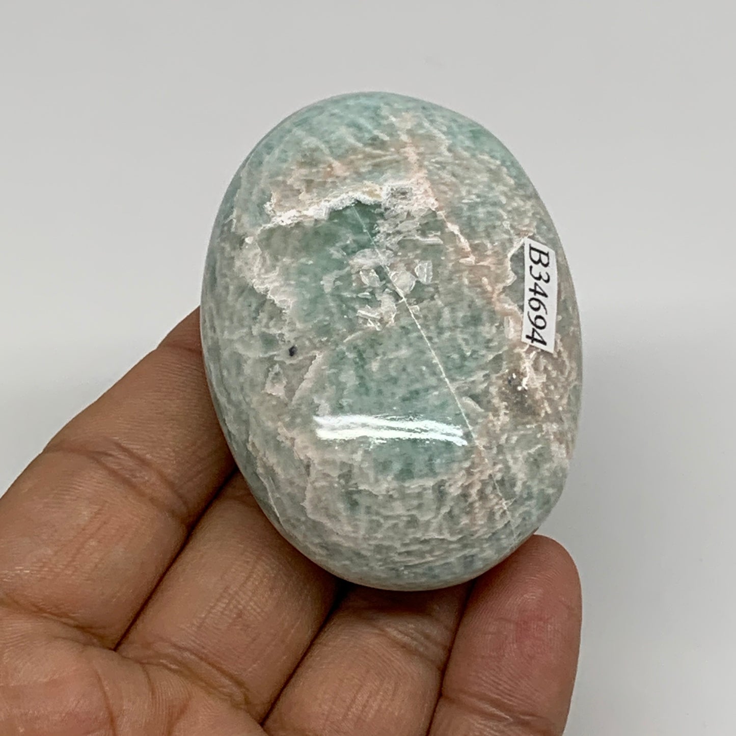 89.3g, 2.5"x1.7"x0.9", Natural Amazonite Palm-Stone Tumbled Polished, B34694