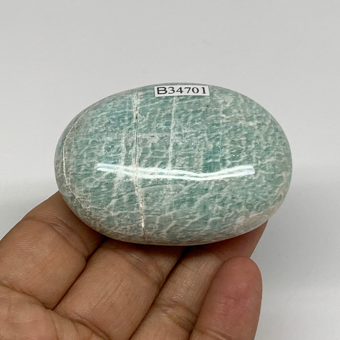 98.9g, 2.4"x1.7"x1", Natural Amazonite Palm-Stone Tumbled Polished, B34701