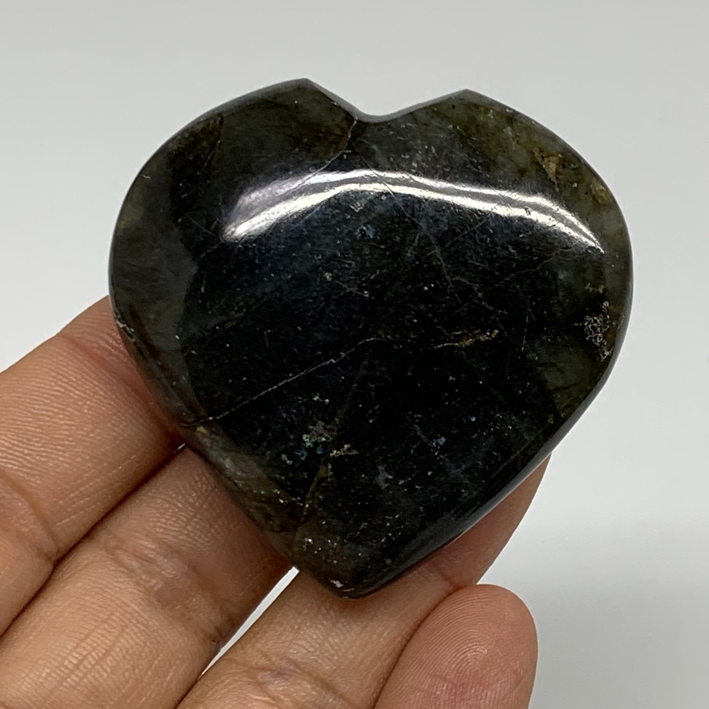 69.1g, 2"x2"x0.7", Natural Labradorite Heart Polished Crystal, B35473