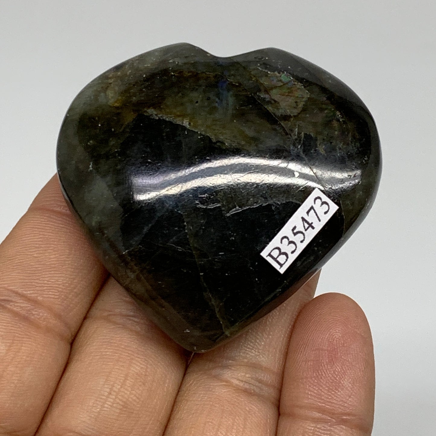 69.1g, 2"x2"x0.7", Natural Labradorite Heart Polished Crystal, B35473