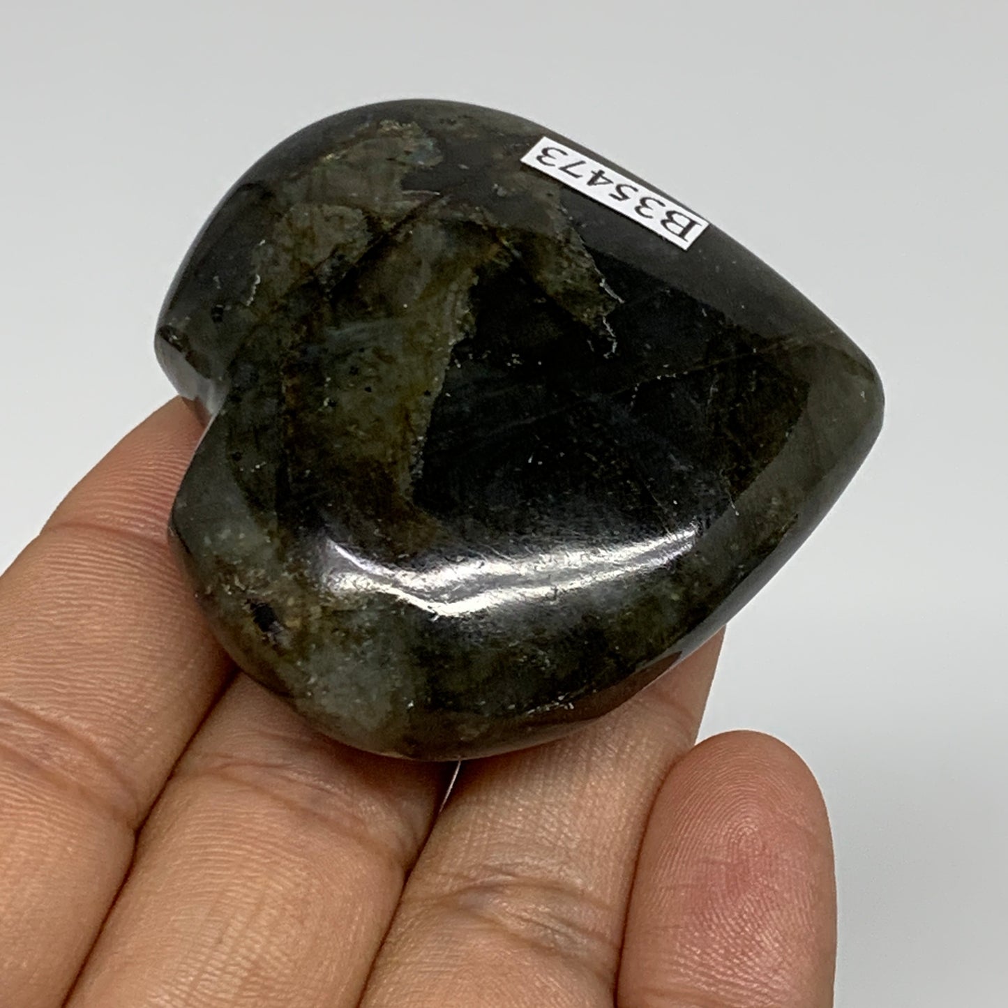 69.1g, 2"x2"x0.7", Natural Labradorite Heart Polished Crystal, B35473