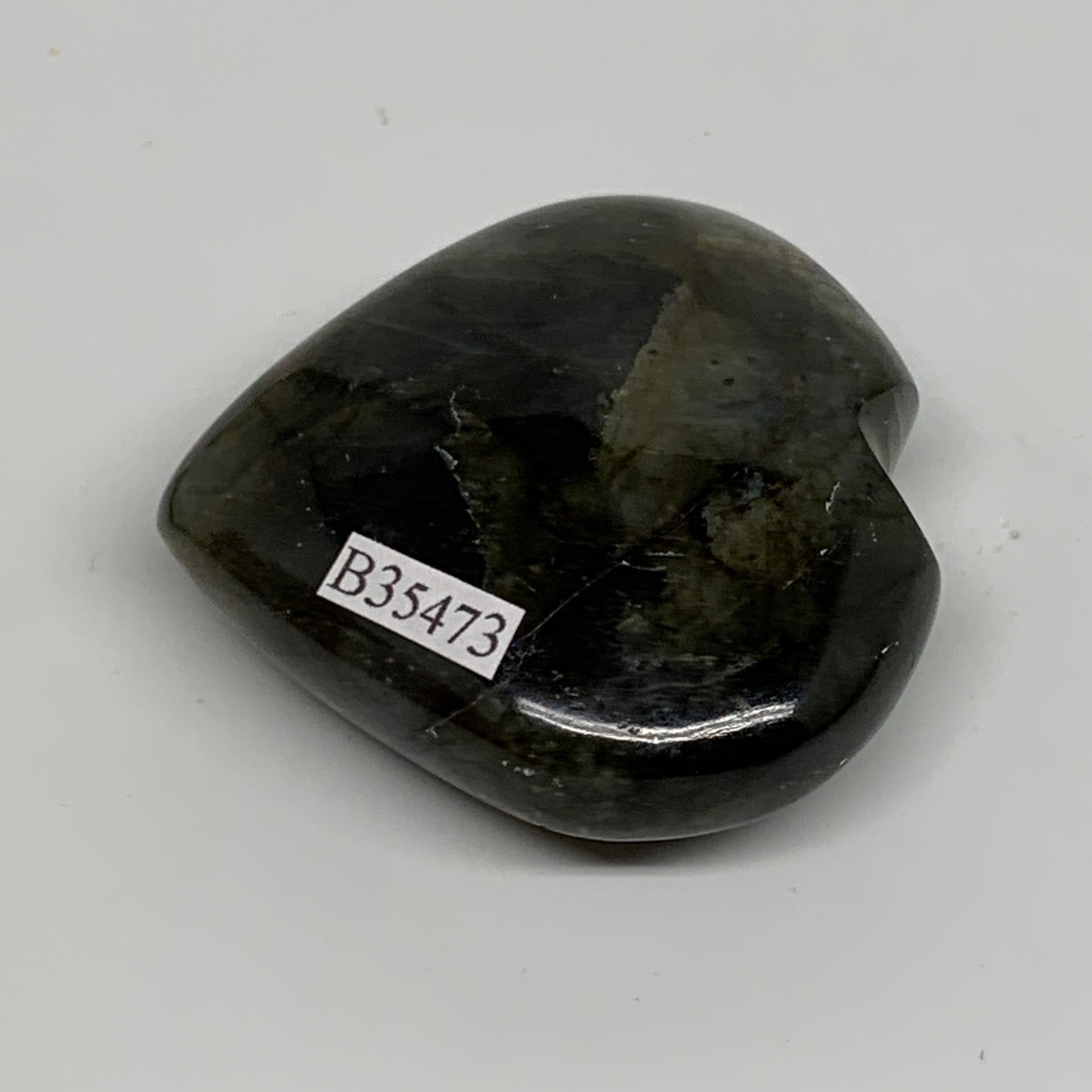 69.1g, 2"x2"x0.7", Natural Labradorite Heart Polished Crystal, B35473