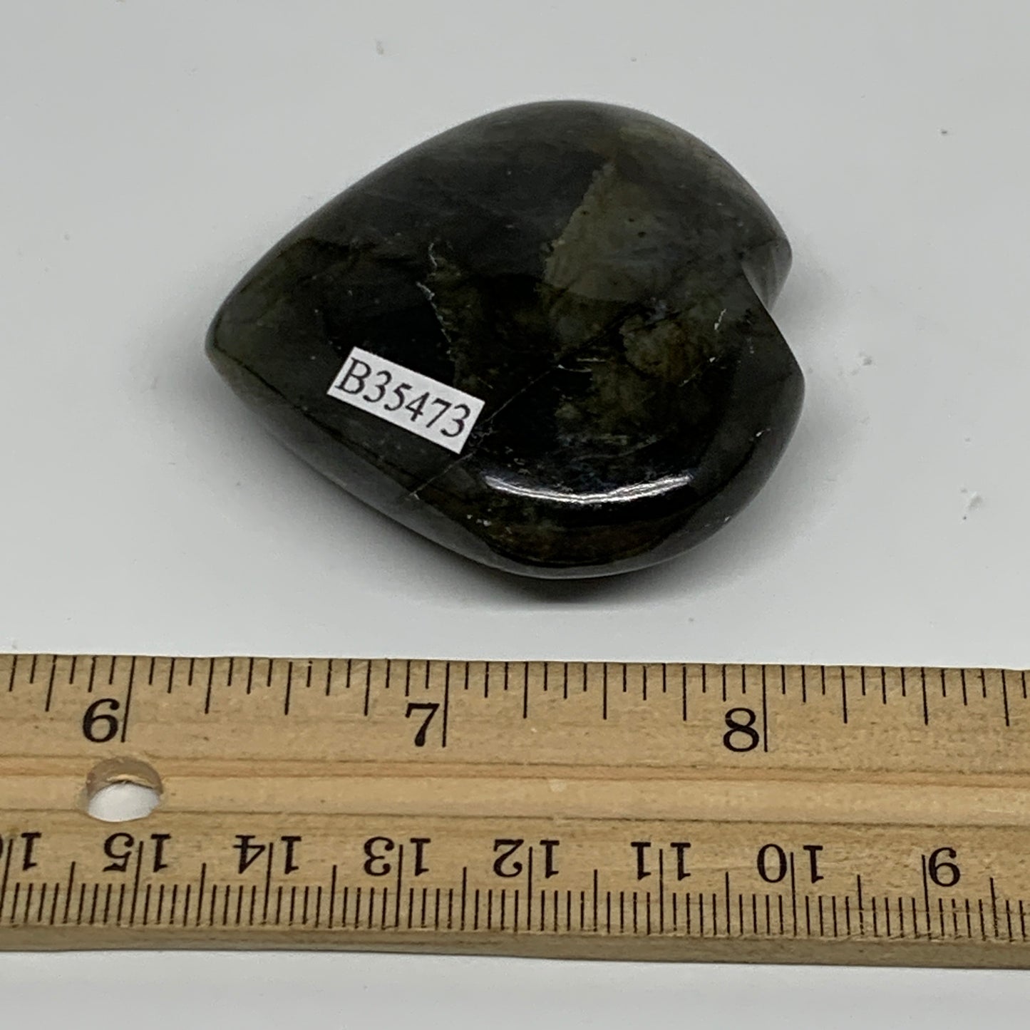 69.1g, 2"x2"x0.7", Natural Labradorite Heart Polished Crystal, B35473