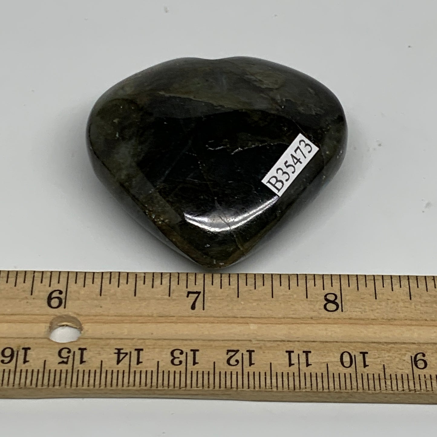 69.1g, 2"x2"x0.7", Natural Labradorite Heart Polished Crystal, B35473