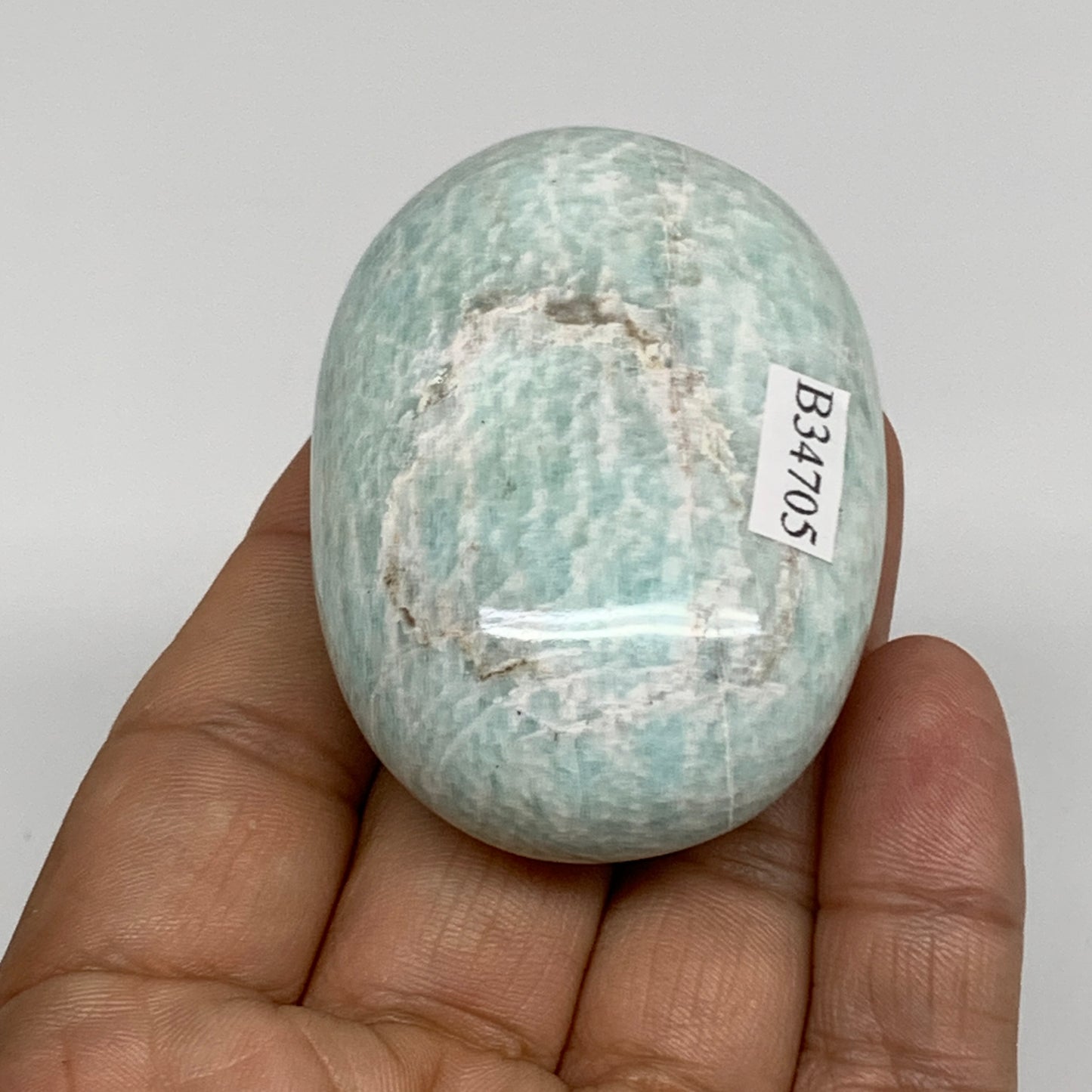 86.9g, 2.3"x1.6"x1", Natural Amazonite Palm-Stone Tumbled Polished, B34705