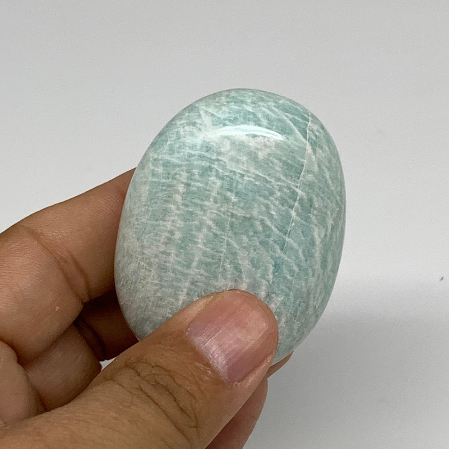 86.9g, 2.3"x1.6"x1", Natural Amazonite Palm-Stone Tumbled Polished, B34705