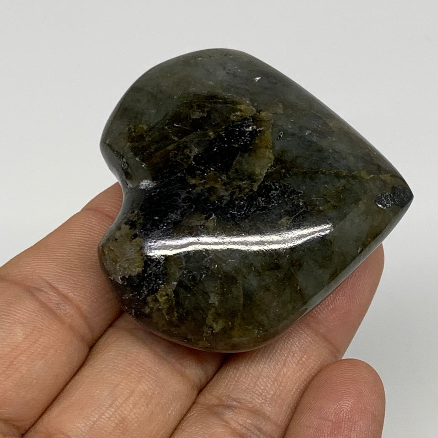 73.1g, 2"x2"x0.8", Natural Labradorite Heart Polished Crystal, B35478