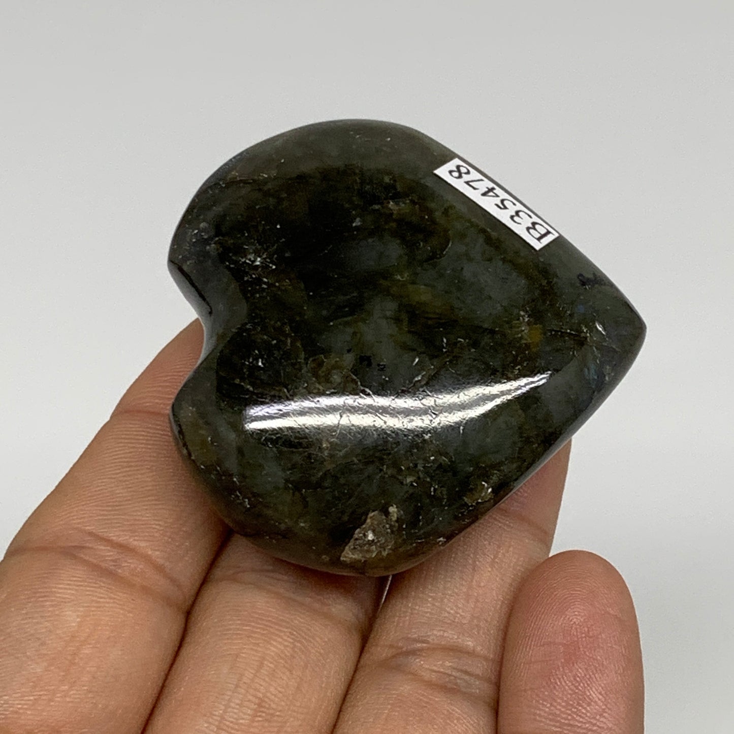 73.1g, 2"x2"x0.8", Natural Labradorite Heart Polished Crystal, B35478